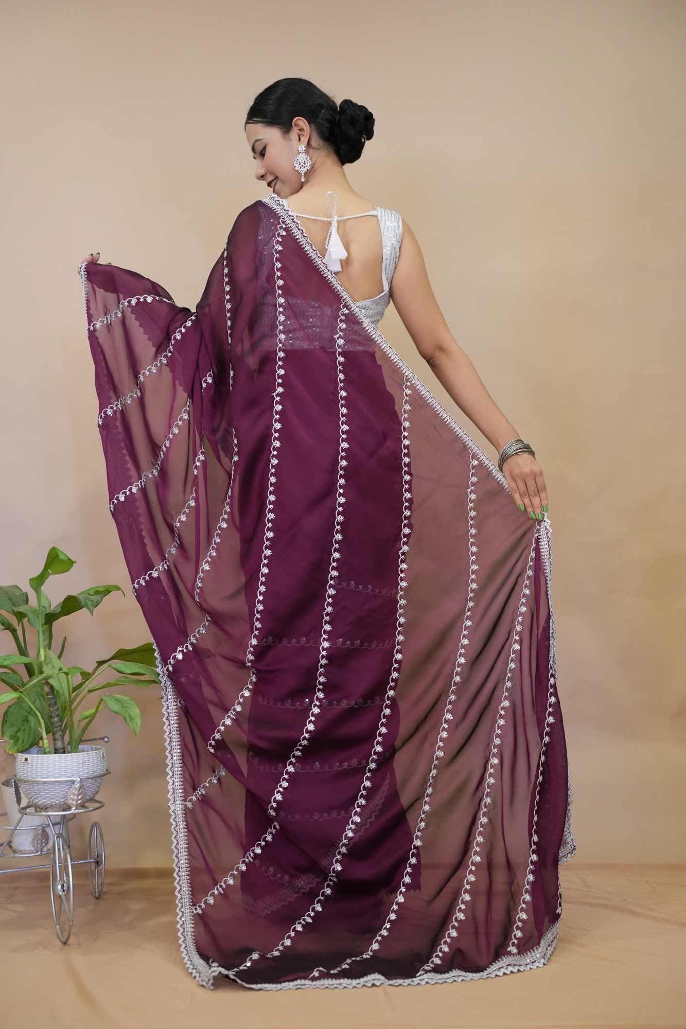 Beautiful Burgundy With White Zari Embroidery & Bordered Pre Drape Saree