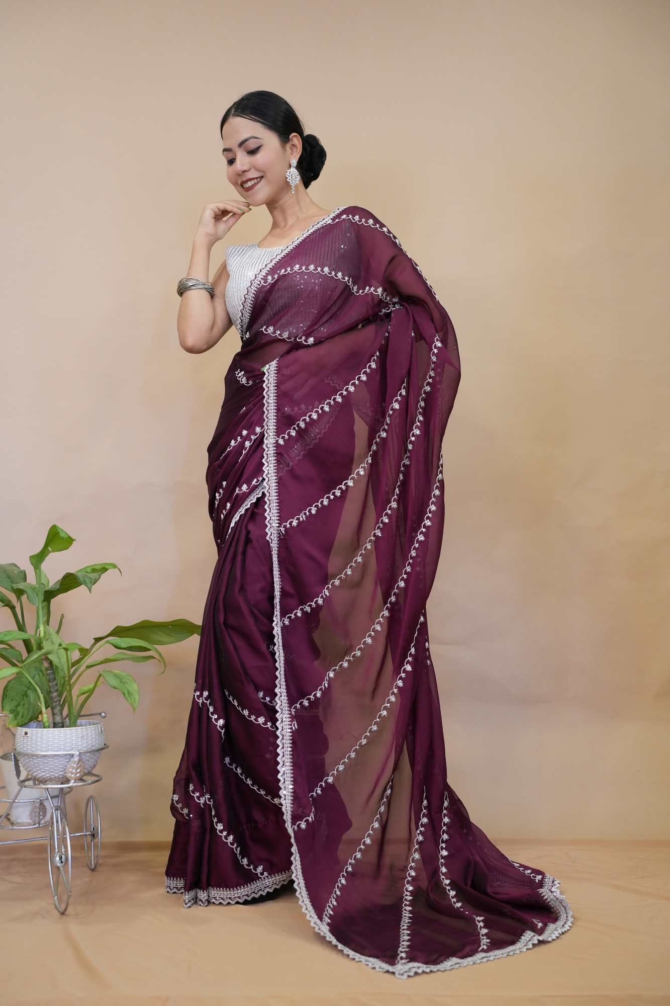 Beautiful Burgundy With White Zari Embroidery & Bordered Pre Drape Saree