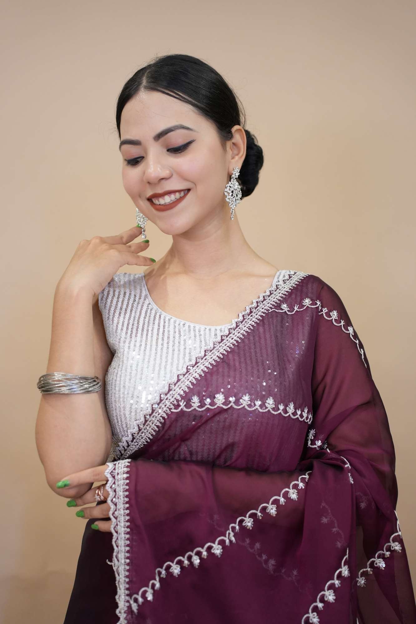 Beautiful Burgundy With White Zari Embroidery & Bordered Pre Drape Saree