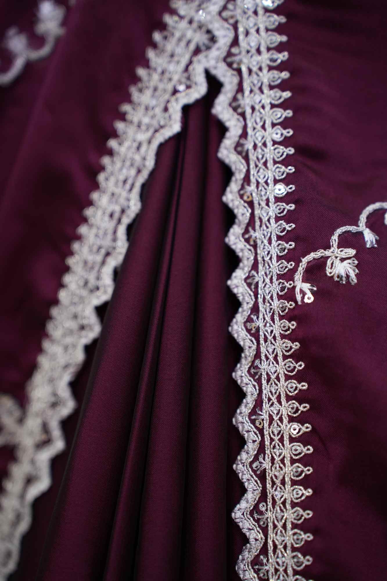 Beautiful Burgundy With White Zari Embroidery & Bordered Pre Drape Saree