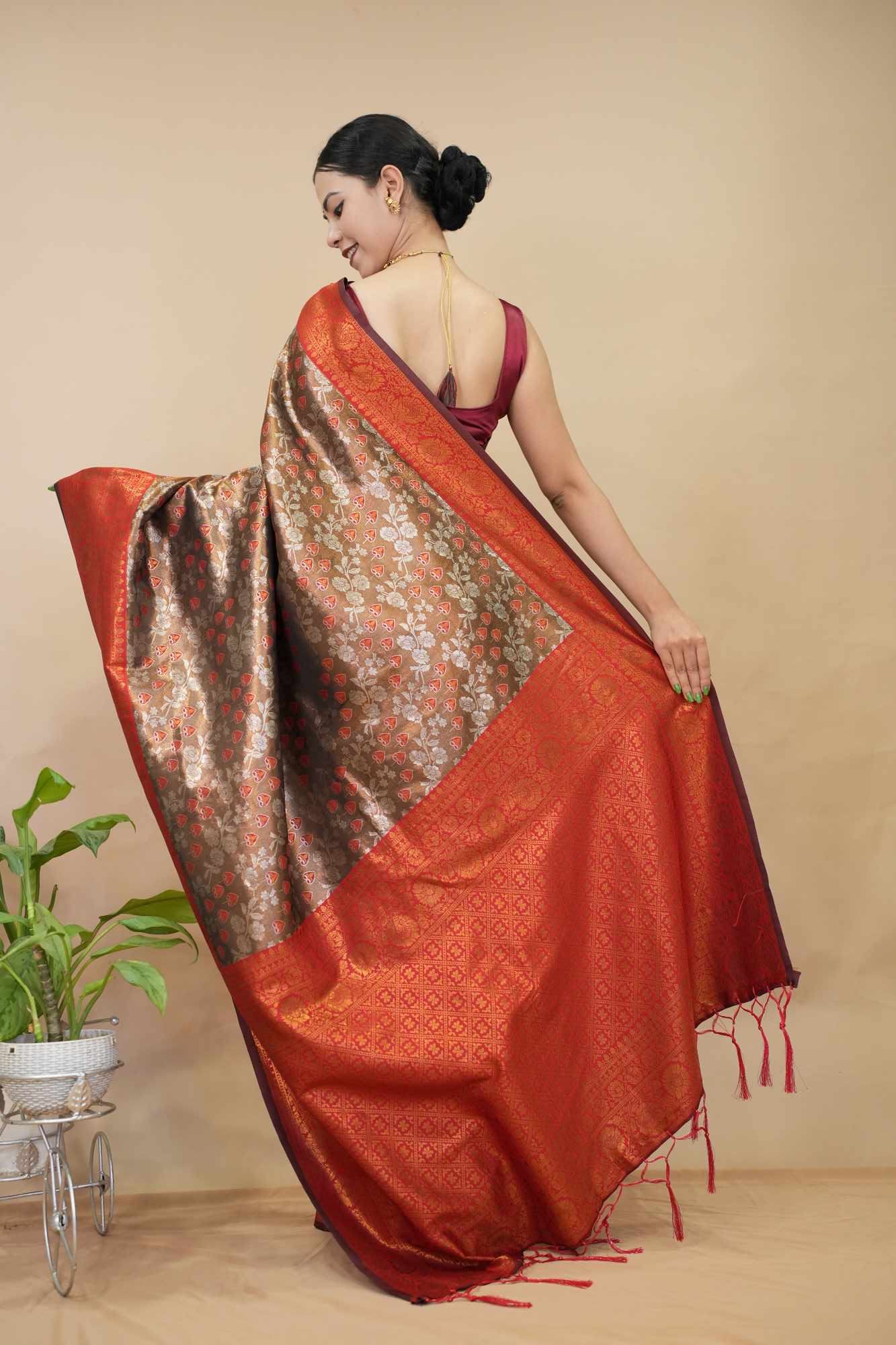 Rust maroon brown & Gold Toned Floral Motif Woven With  Zari Detailed Border Wrap In One Minute Saree