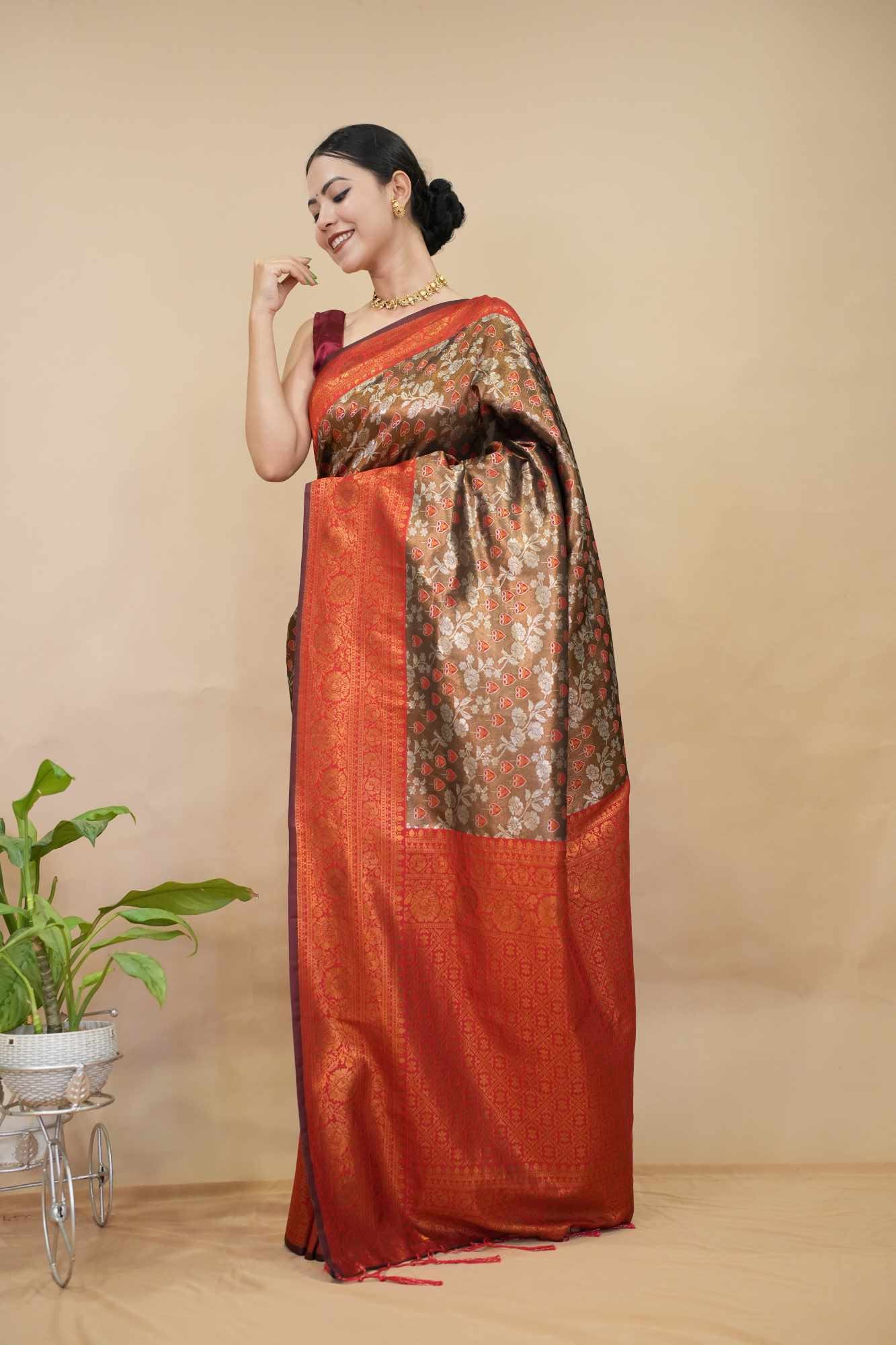 Rust maroon brown & Gold Toned Floral Motif Woven With  Zari Detailed Border Wrap In One Minute Saree