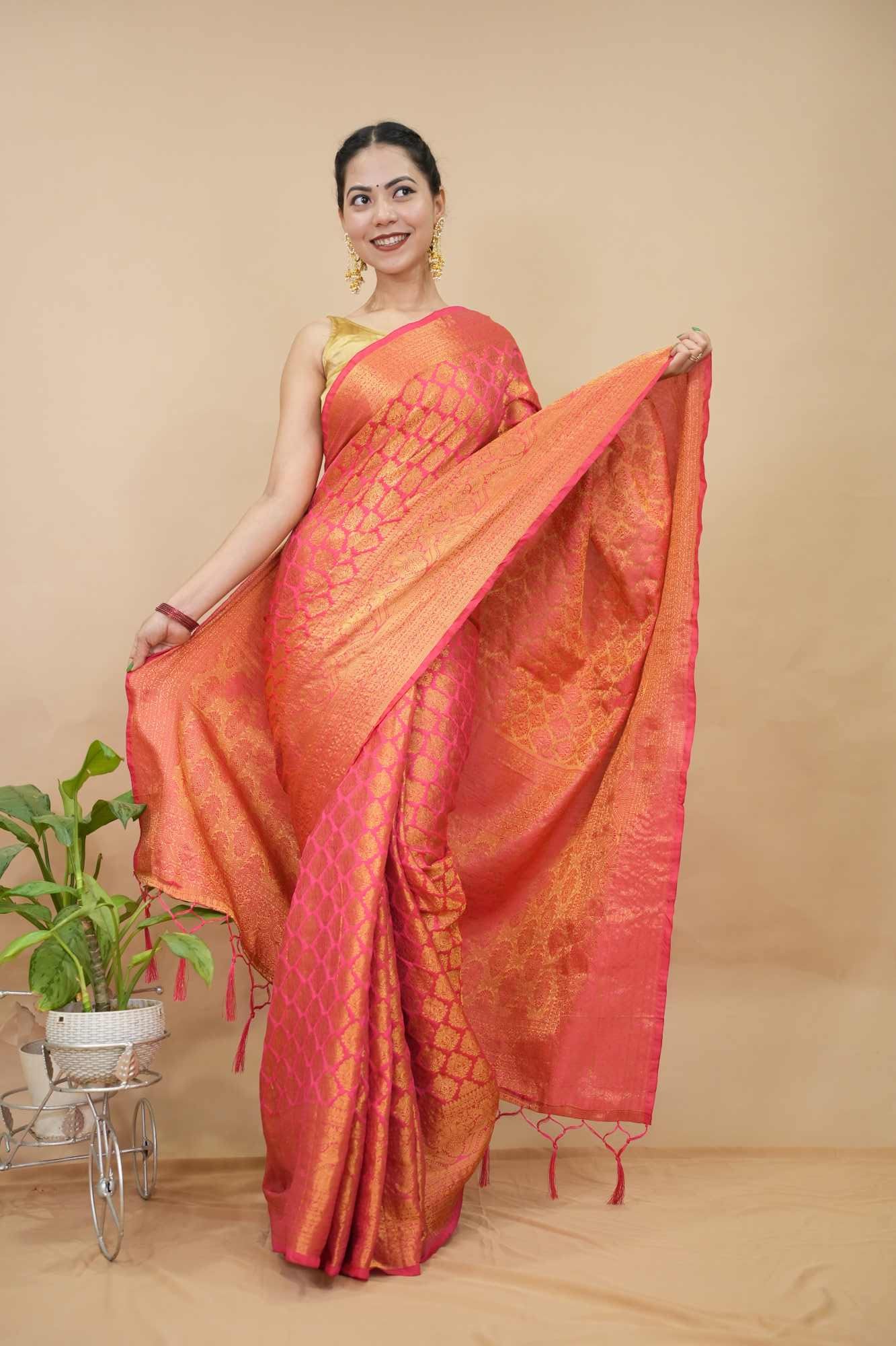 Soft Banarasi Over All Zari Motif Woven & Tassels on palla Wrap in 1 minute saree