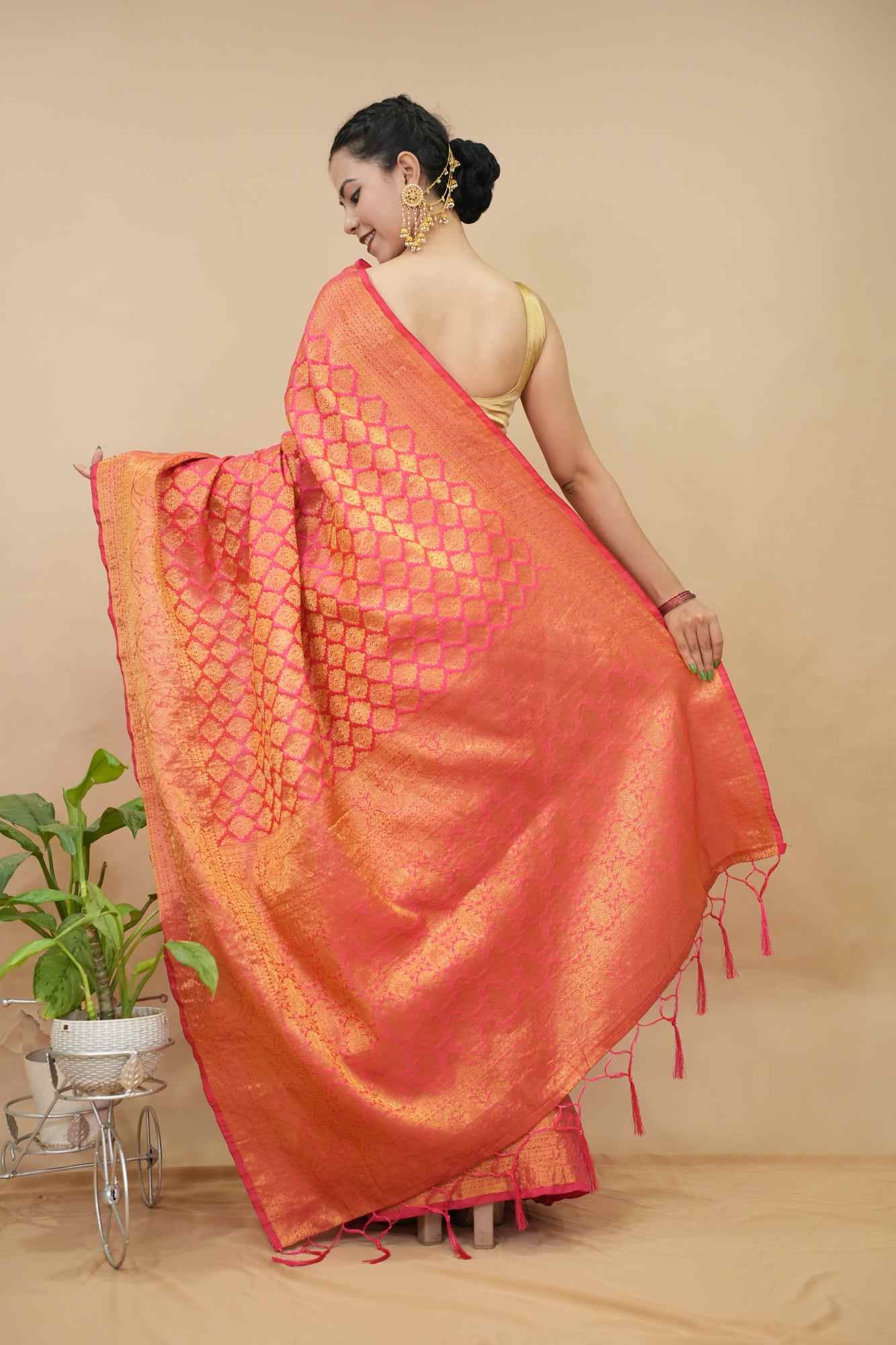 Soft Banarasi Over All Zari Motif Woven & Tassels on palla Wrap in 1 minute saree