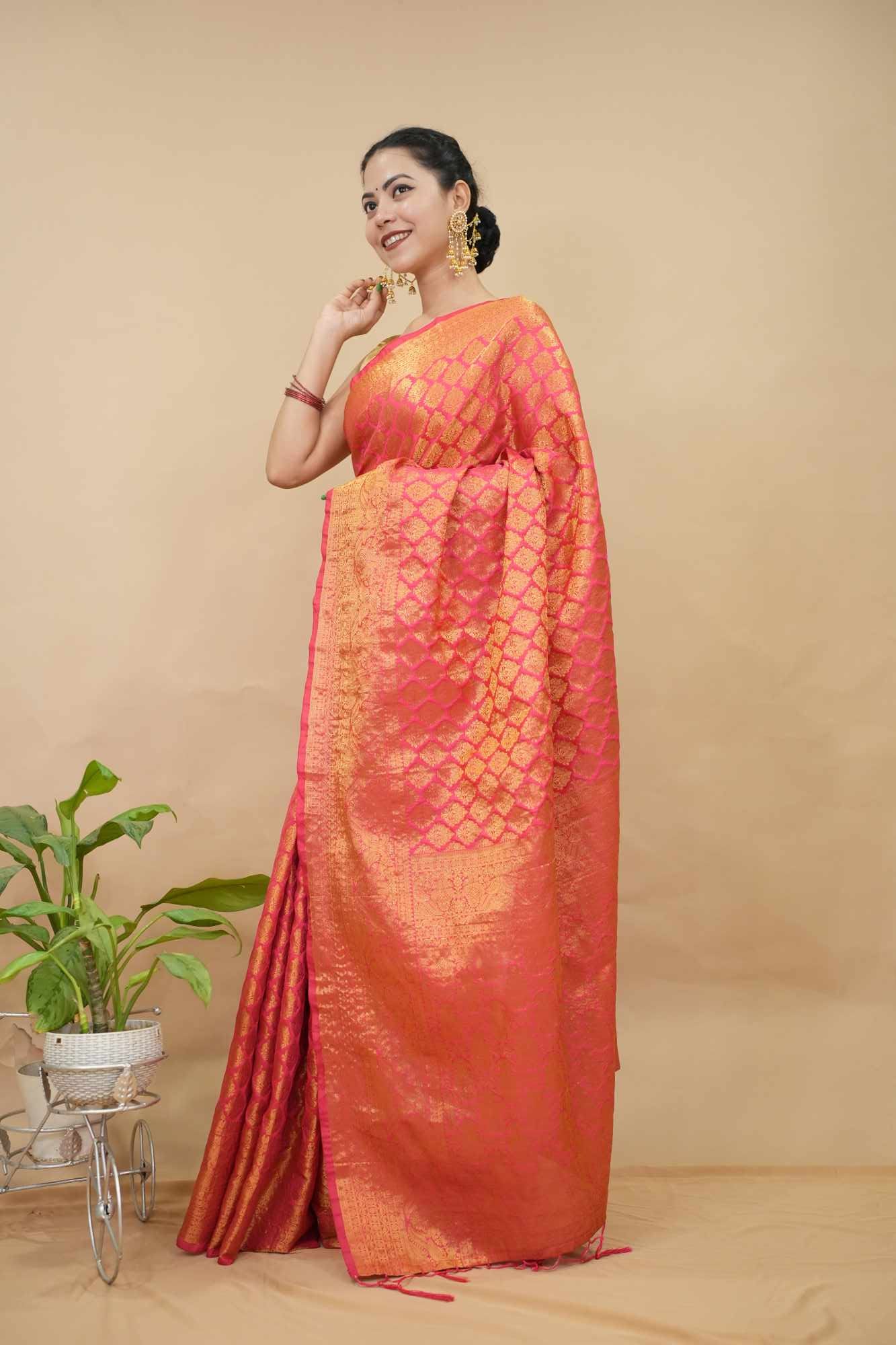 Soft Banarasi Over All Zari Motif Woven & Tassels on palla Wrap in 1 minute saree