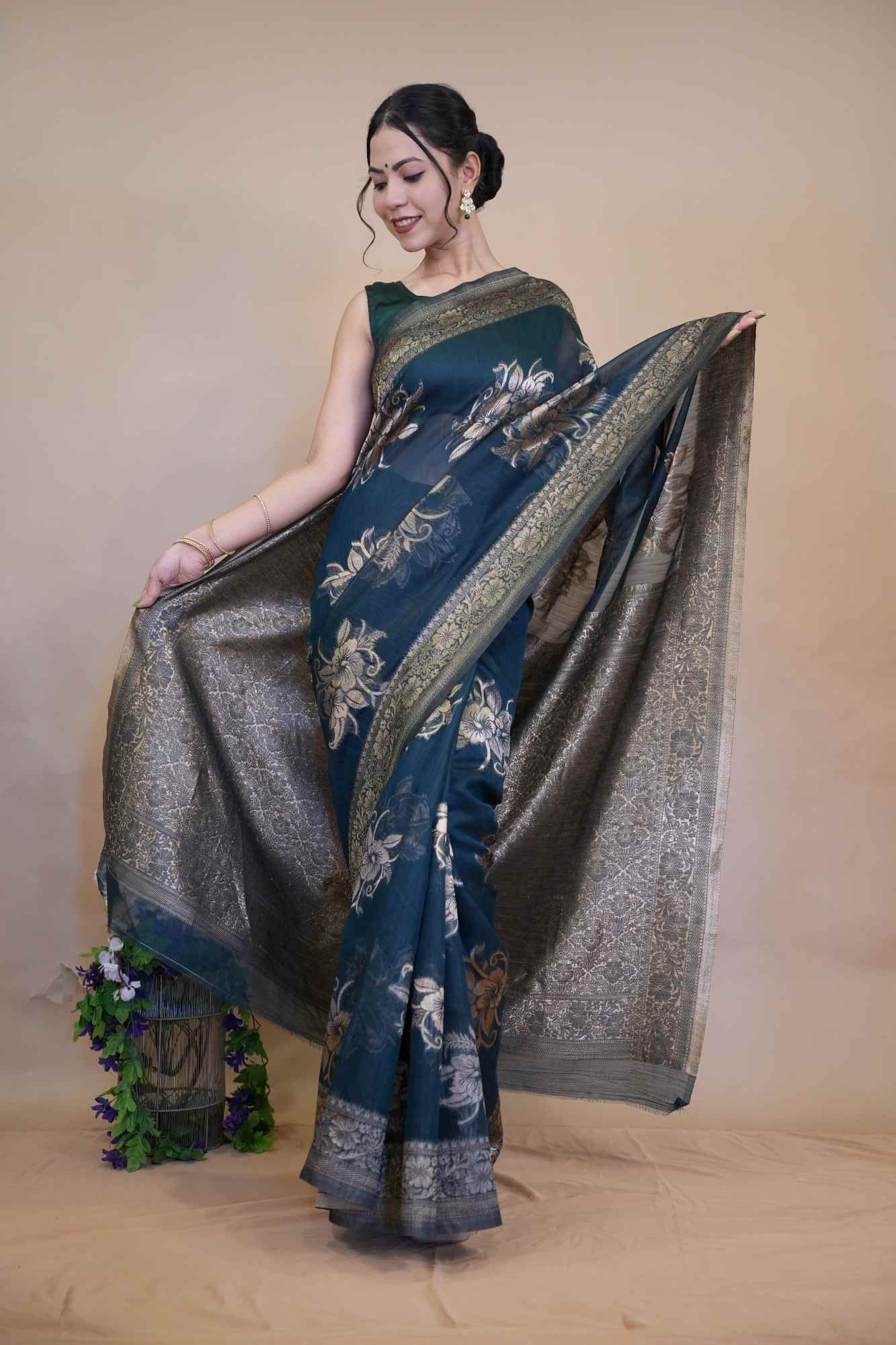 Predraped Banarasi With Golden Floral Zari Woven  Overall  & Ornate Pallu Ready To Wear Saree