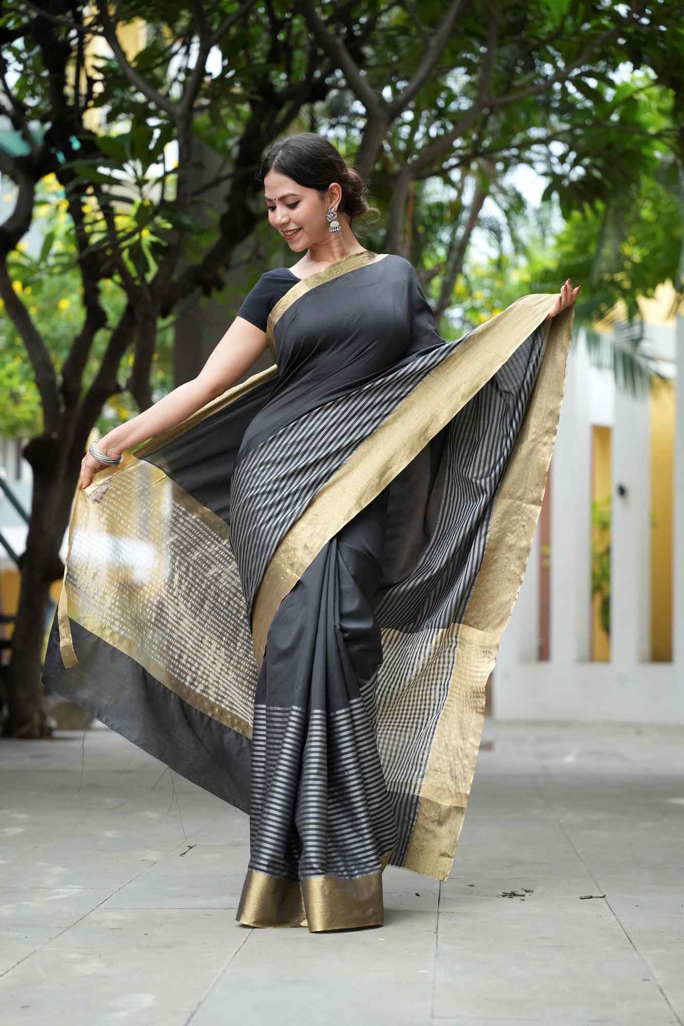 Raveena Tandon inspired semi katan silk Black & White Striped with Gold Zari Border Ready To Wear Saree