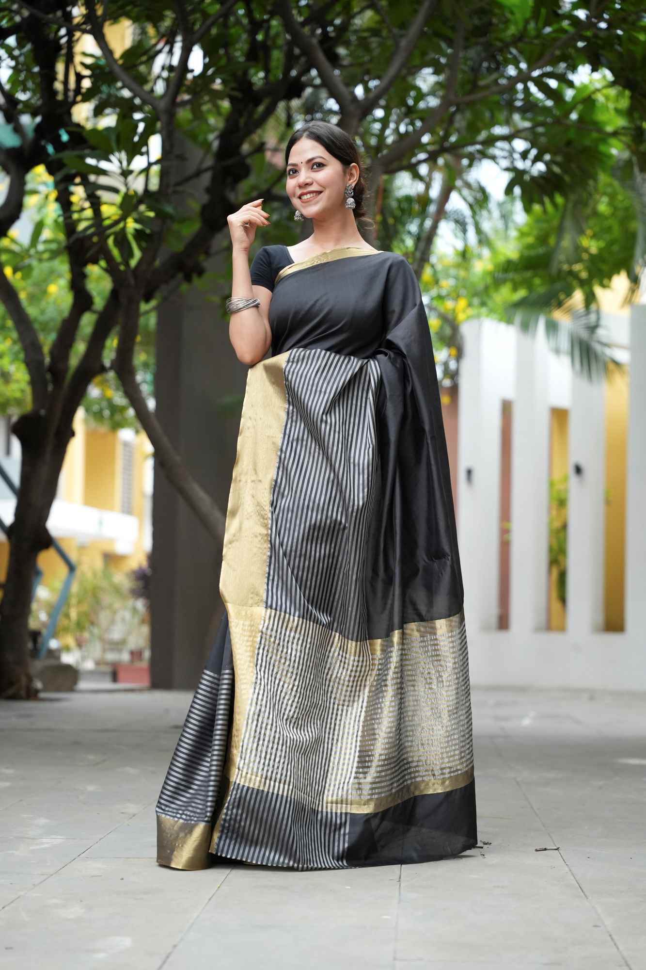 Raveena Tandon inspired semi katan silk Black & White Striped with Gold Zari Border Ready To Wear Saree