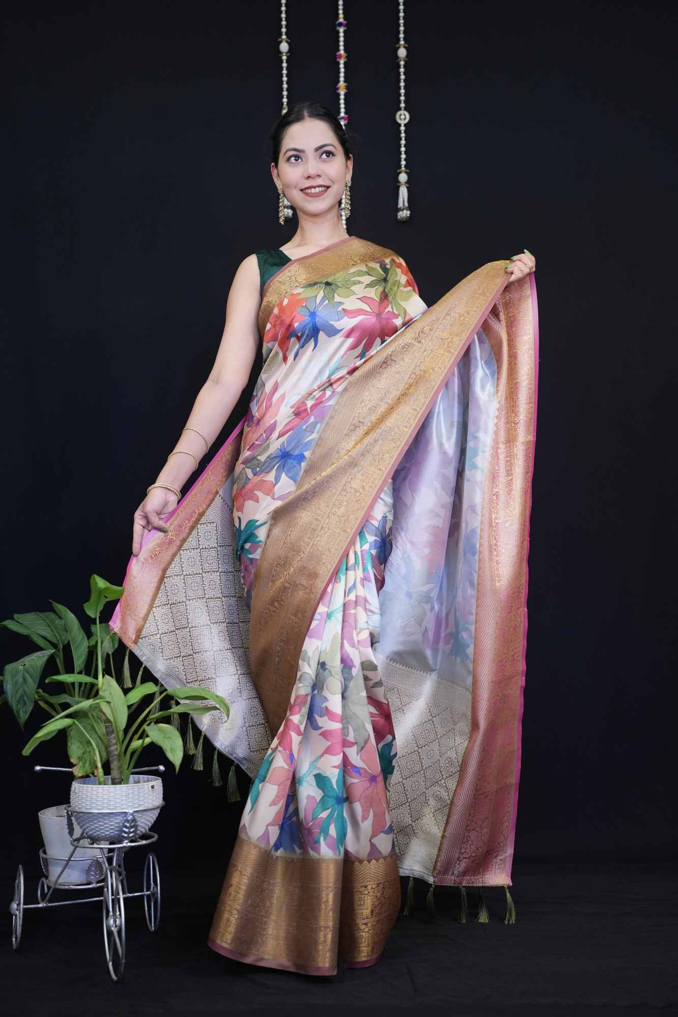 Exquisite Floral Printed & Broad Zari Detailed Bordered Kanjeevaram With Tassels Pre Drape Saree