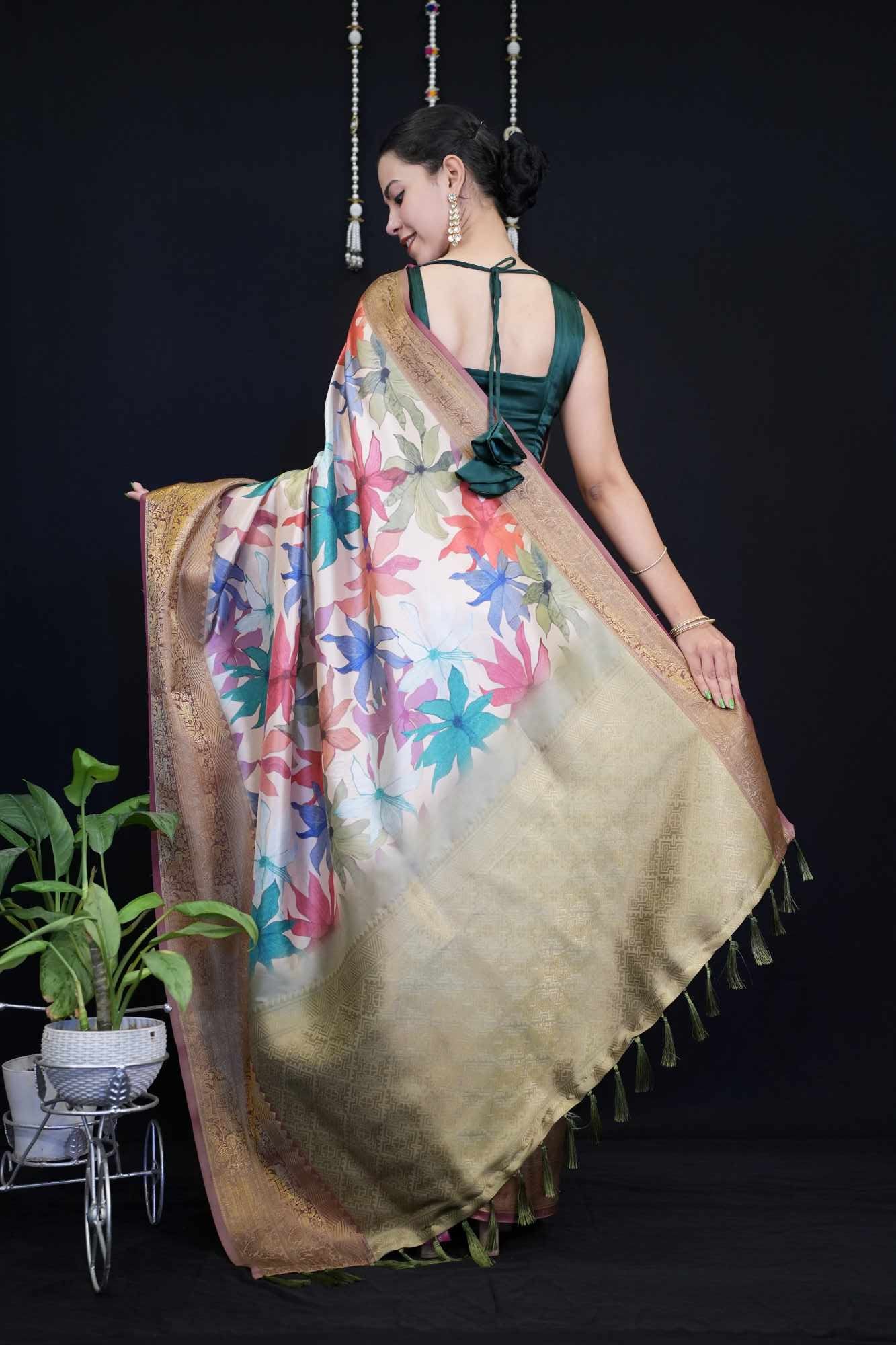 Exquisite Floral Printed & Broad Zari Detailed Bordered Kanjeevaram With Tassels Pre Drape Saree