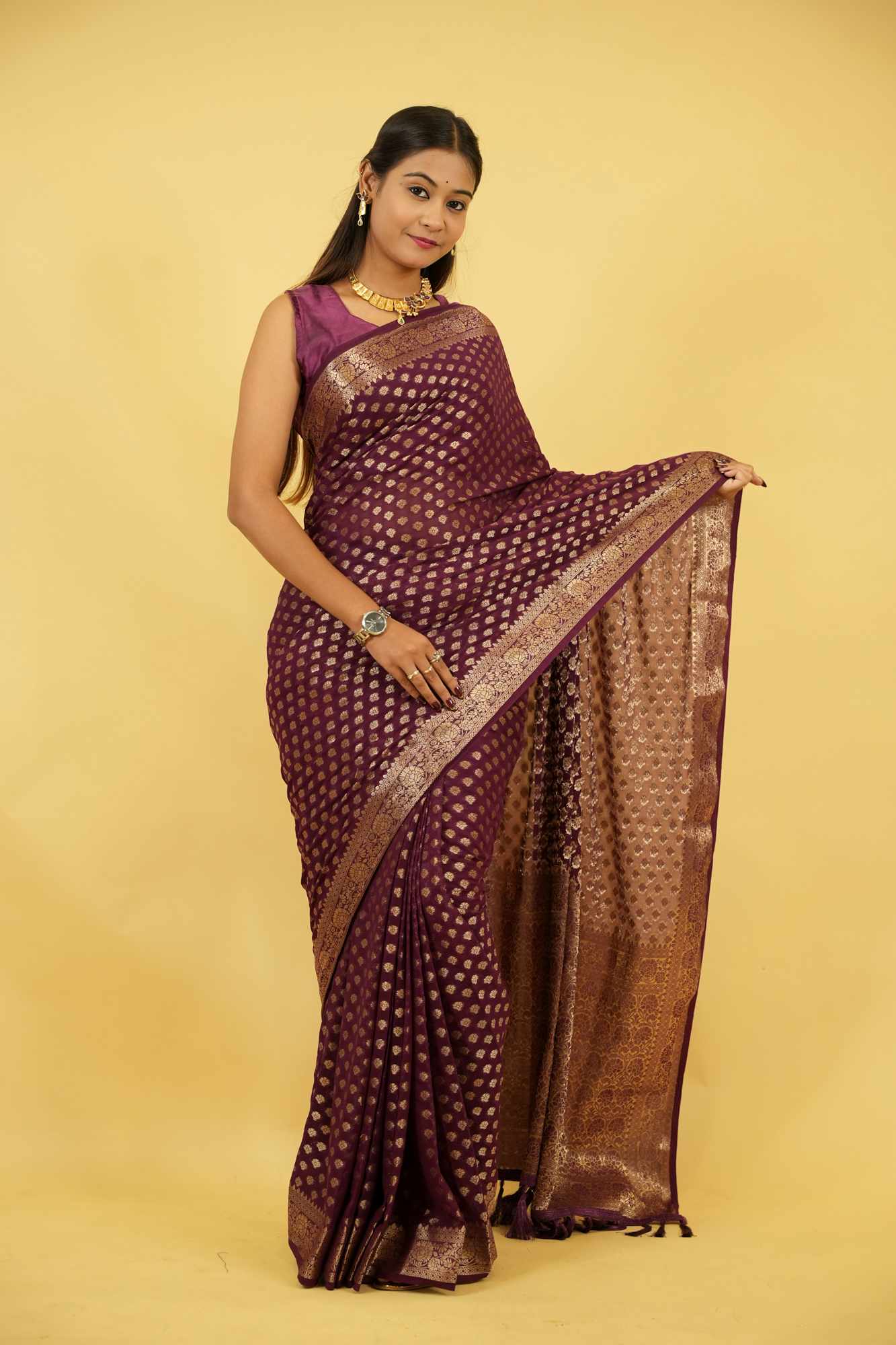 Royal Purple Khadi Georgette Silk with Intricate Gold Zari Work Ready To Wear Saree
