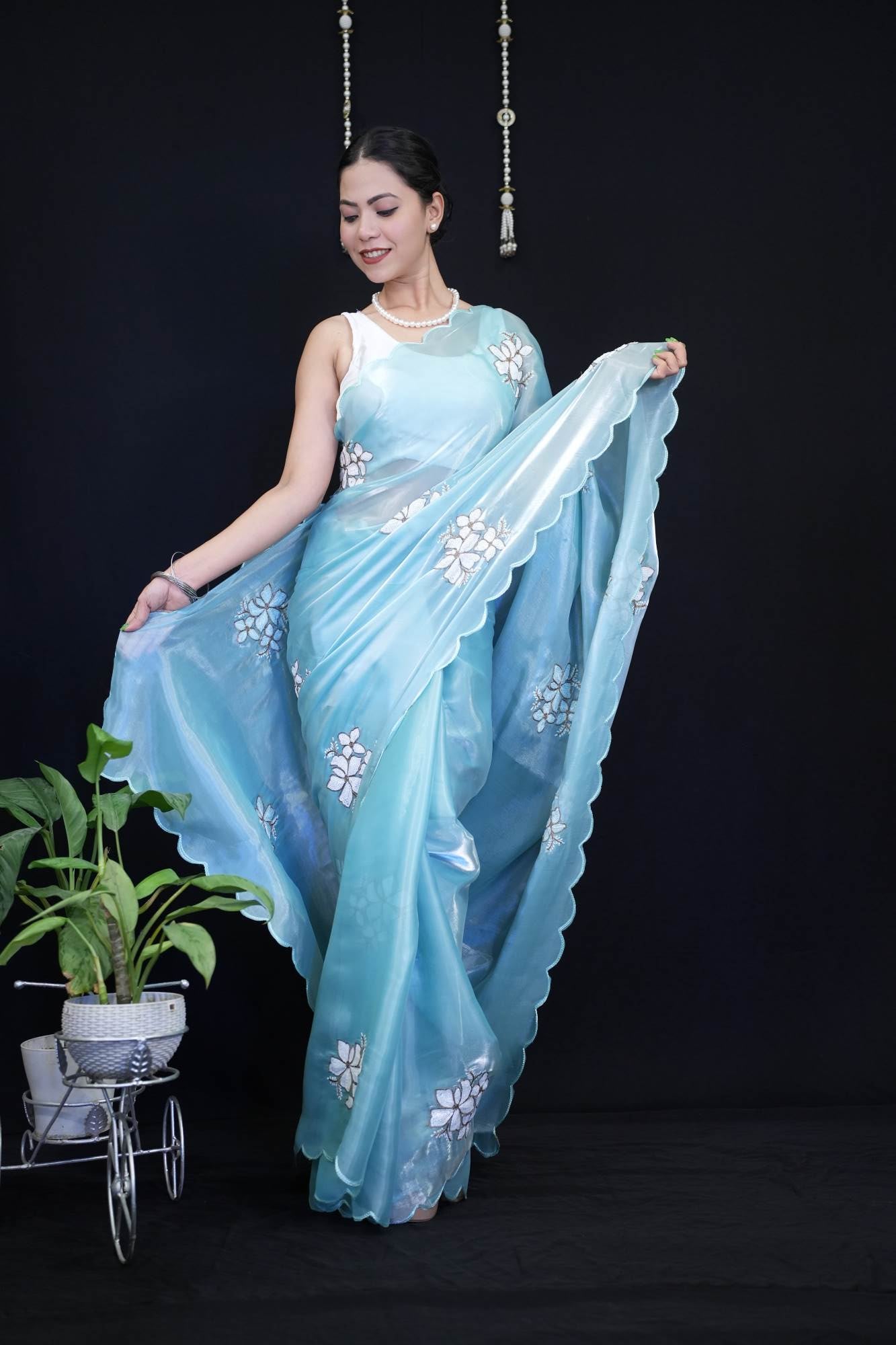 Stylish Sea Blue Jimmy Choo With Sequin Work And Scalloped Border Wrap in 1 minute saree