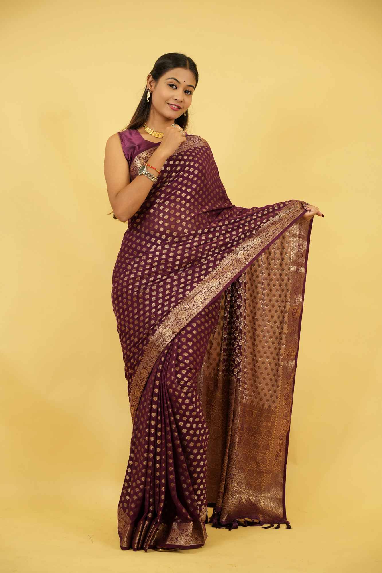 Royal Purple Khadi Georgette Silk with Intricate Gold Zari Work Ready To Wear Saree