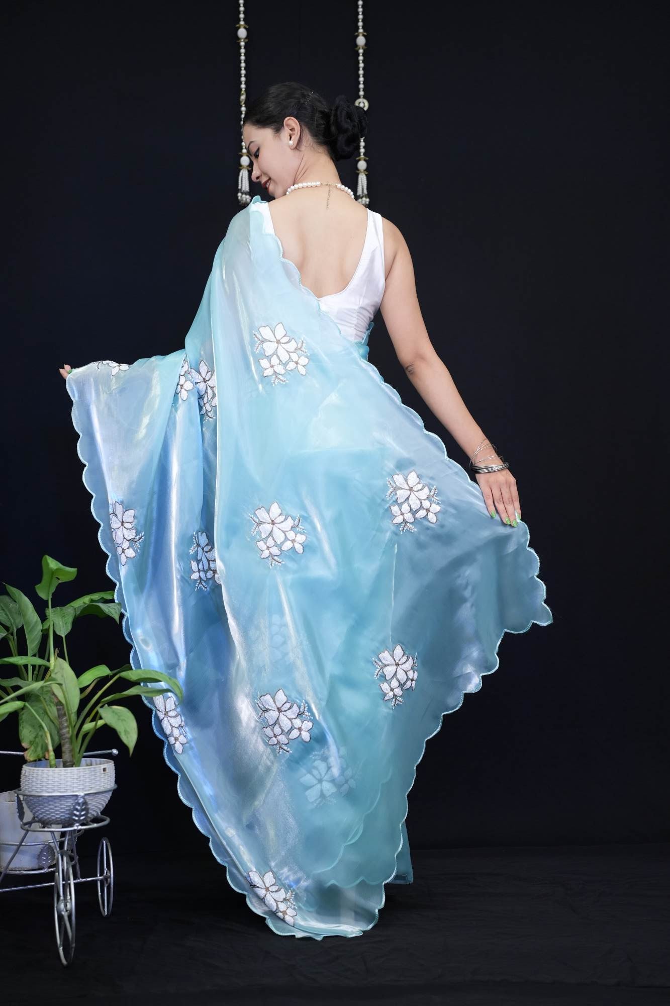 Stylish Sea Blue Jimmy Choo With Sequin Work And Scalloped Border Wrap in 1 minute saree