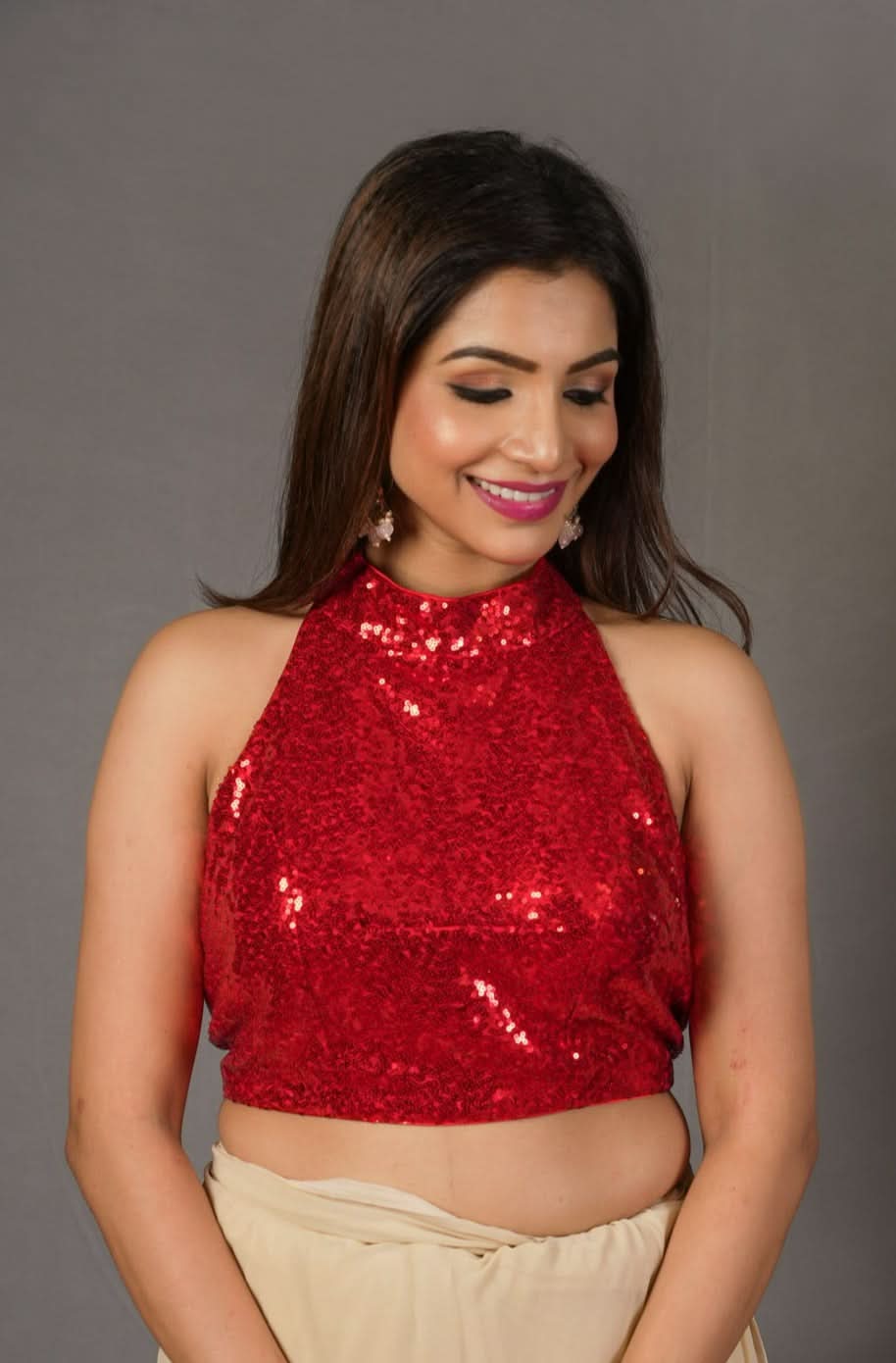 Sequin Halter neck and backless design Blouse in Red | Shobitam
