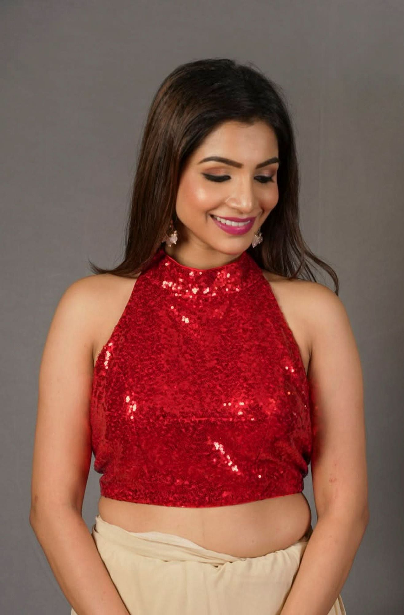 Sequin Halter neck and backless design Blouse in Red