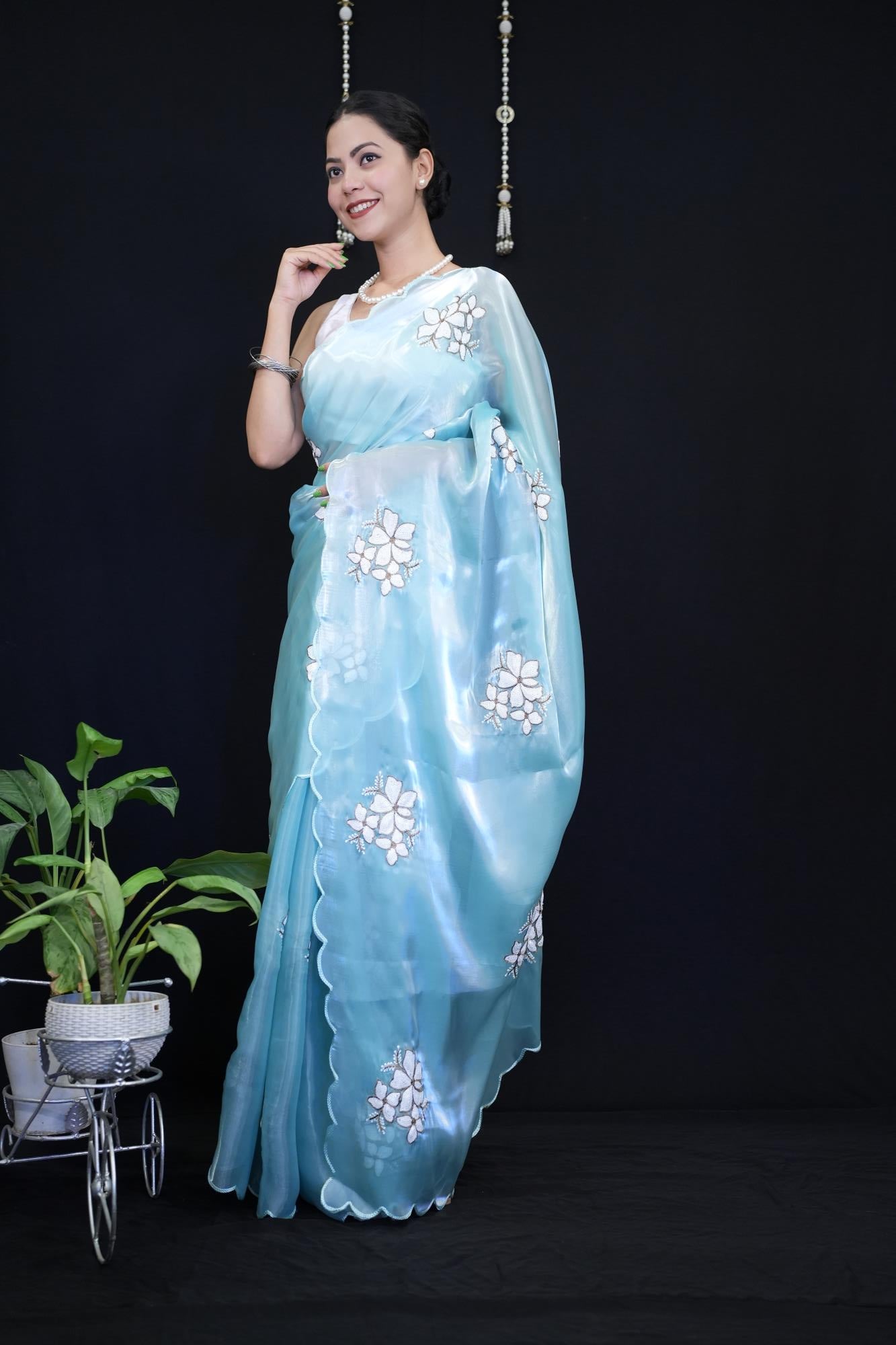 Stylish Sea Blue Jimmy Choo With Sequin Work And Scalloped Border Wrap in 1 minute saree