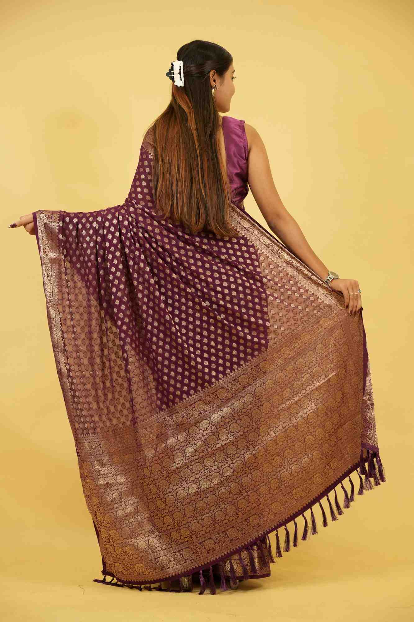 Royal Purple Khadi Georgette Silk with Intricate Gold Zari Work Ready To Wear Saree