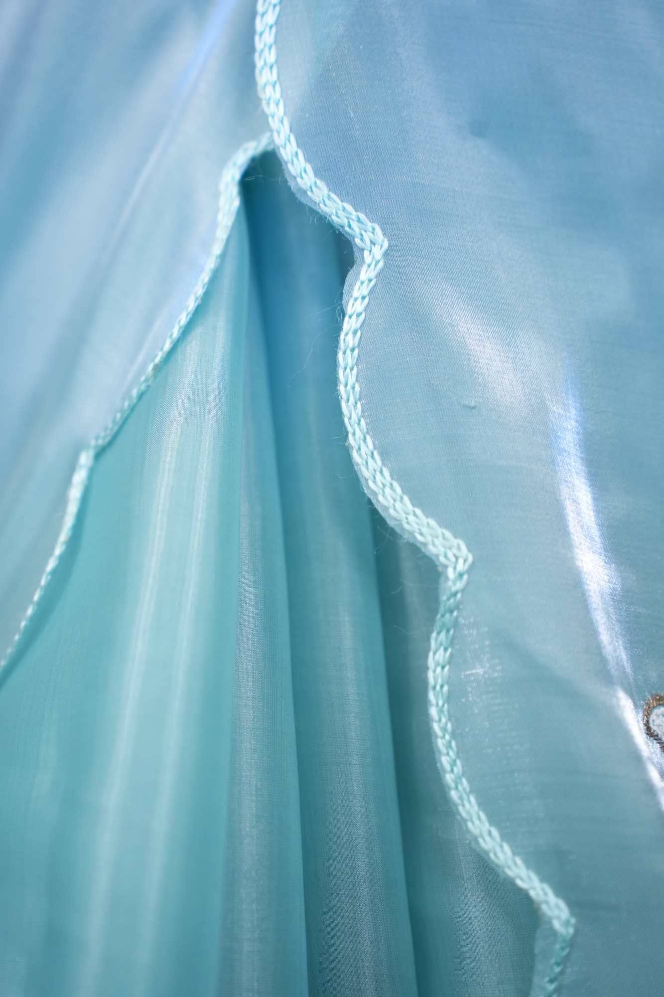 Stylish Sea Blue Jimmy Choo With Sequin Work And Scalloped Border Wrap in 1 minute saree