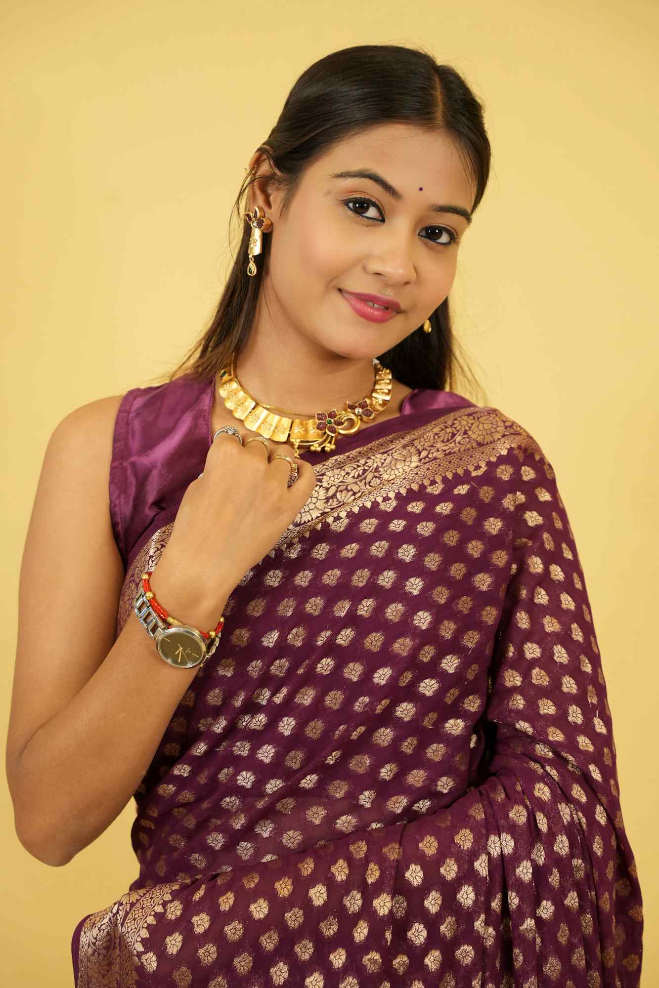 Royal Purple Khadi Georgette Silk with Intricate Gold Zari Work Ready To Wear Saree