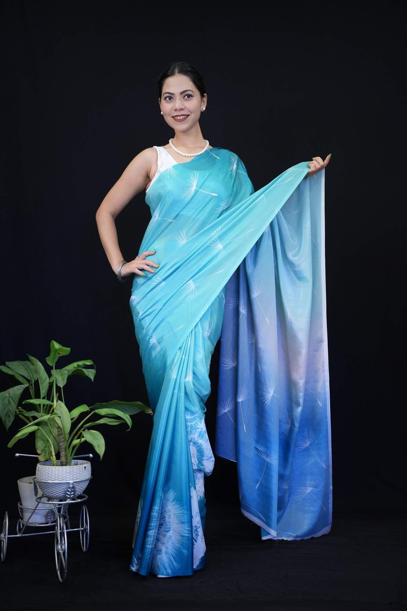 Digital Printed Silk Crepe With Overall Leaf Design  Wrap in 1 minute saree