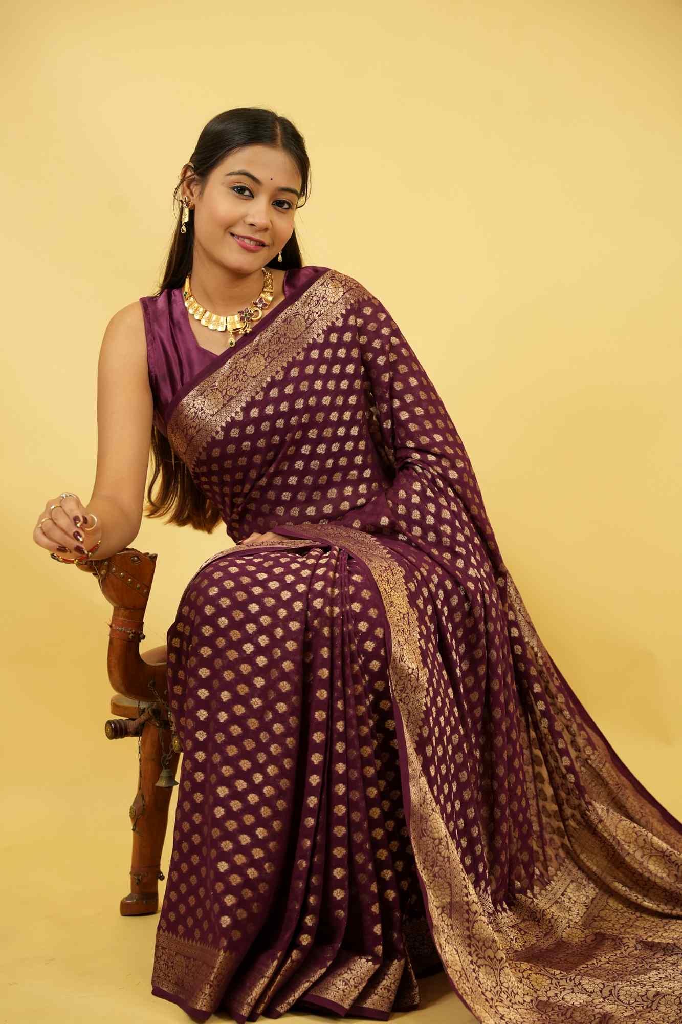 Royal Purple Khadi Georgette Silk with Intricate Gold Zari Work Ready To Wear Saree