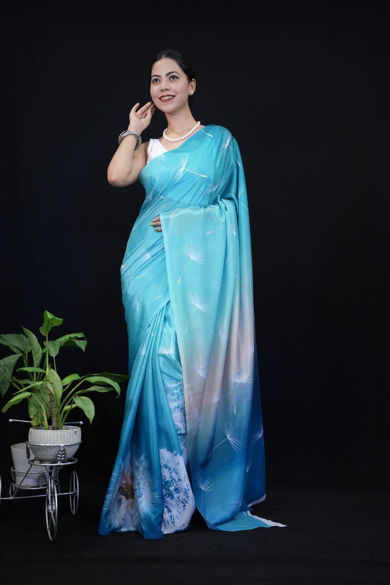 Digital Printed Silk Crepe With Overall Leaf Design  Wrap in 1 minute saree