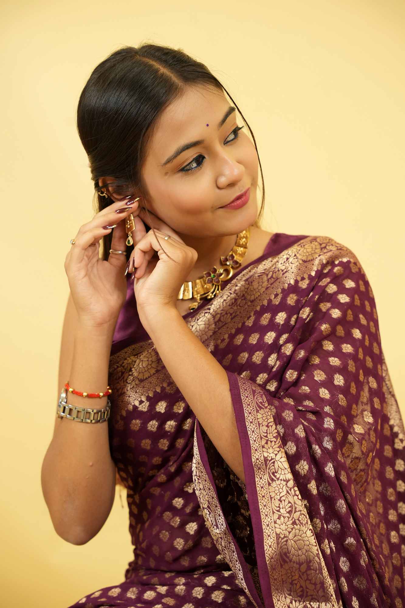 Royal Purple Khadi Georgette Silk with Intricate Gold Zari Work Ready To Wear Saree