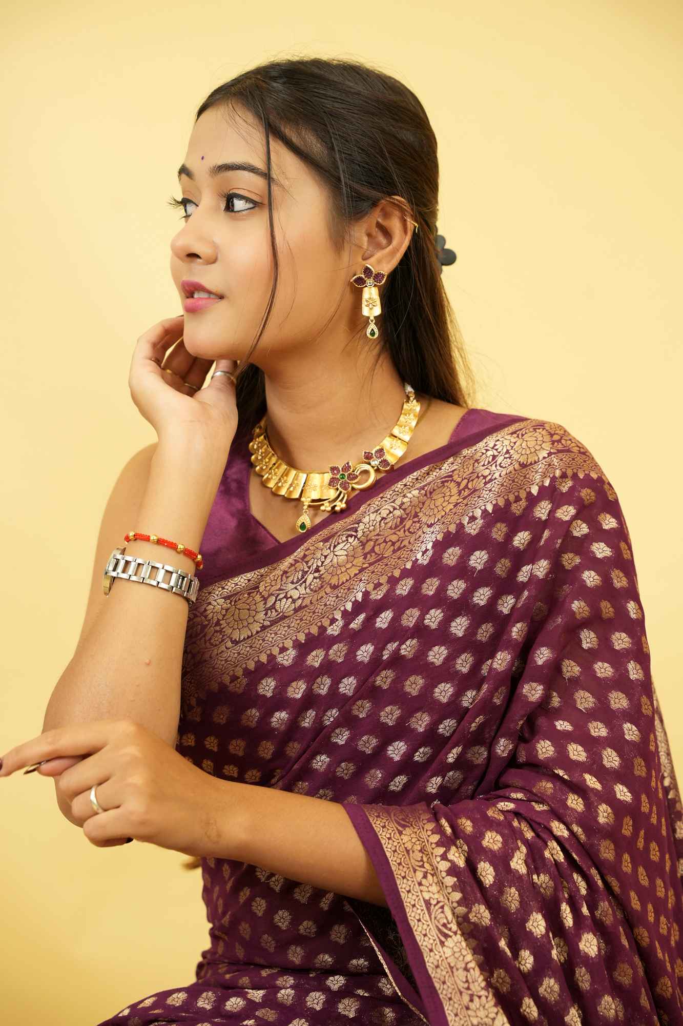 Royal Purple Khadi Georgette Silk with Intricate Gold Zari Work Ready To Wear Saree