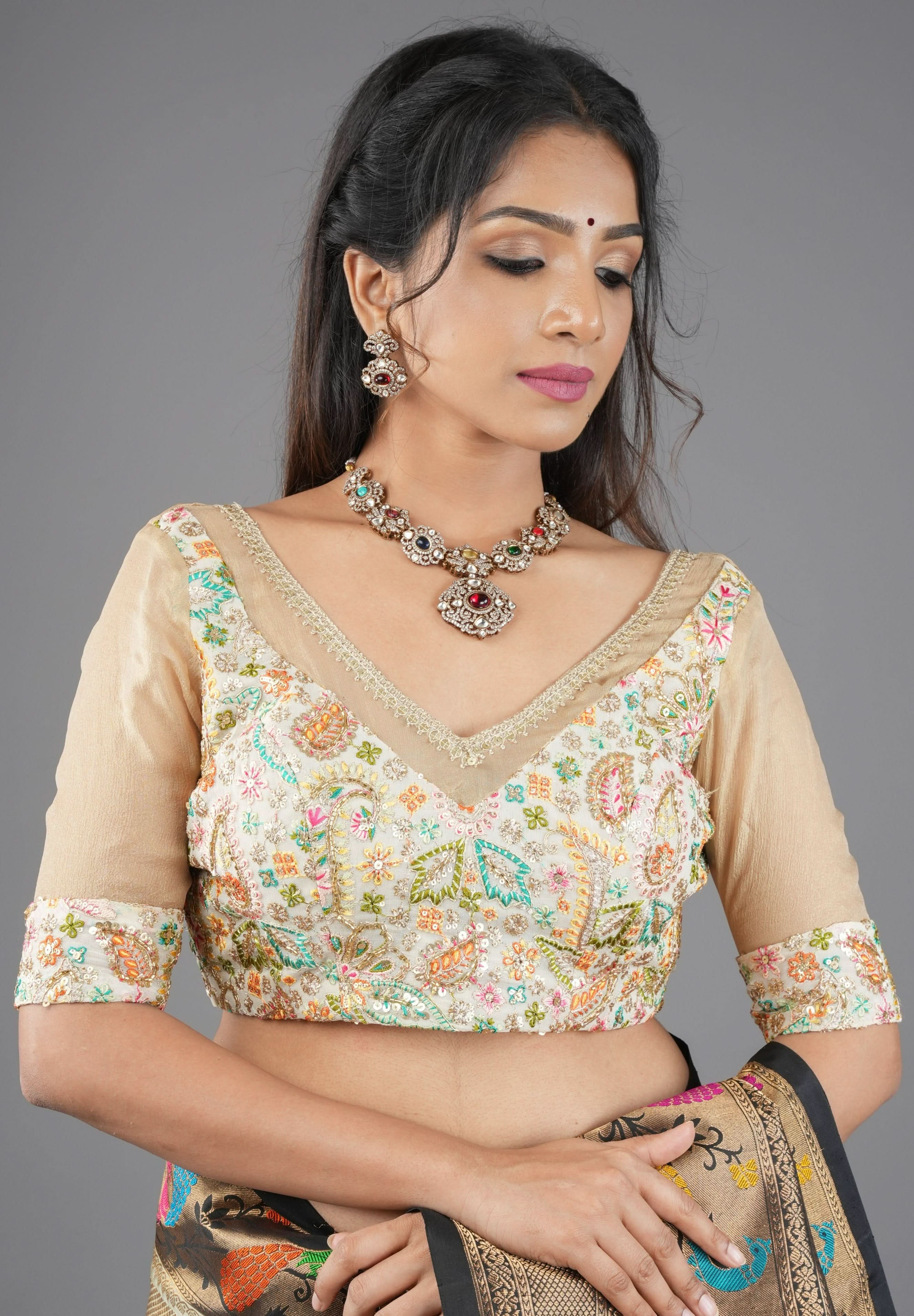 Cream Georgette Embroidered Blouse sequin cutdana and pure  Tissue Chiffon detailing, Customizable, Made To Order | Shobitam