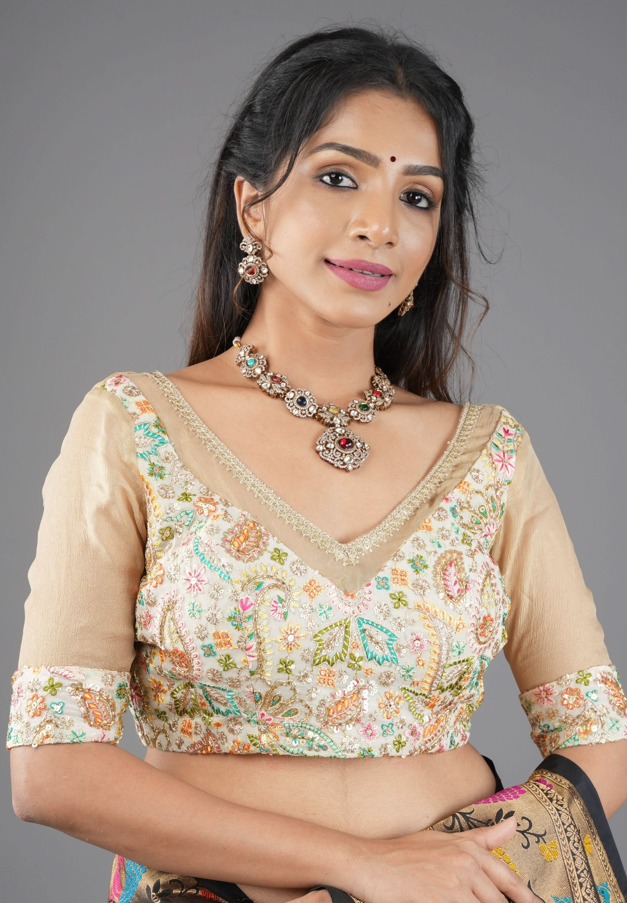 Cream Georgette Embroidered Blouse sequin cutdana and pure  Tissue Chiffon detailing, Customizable, Made To Order | Shobitam
