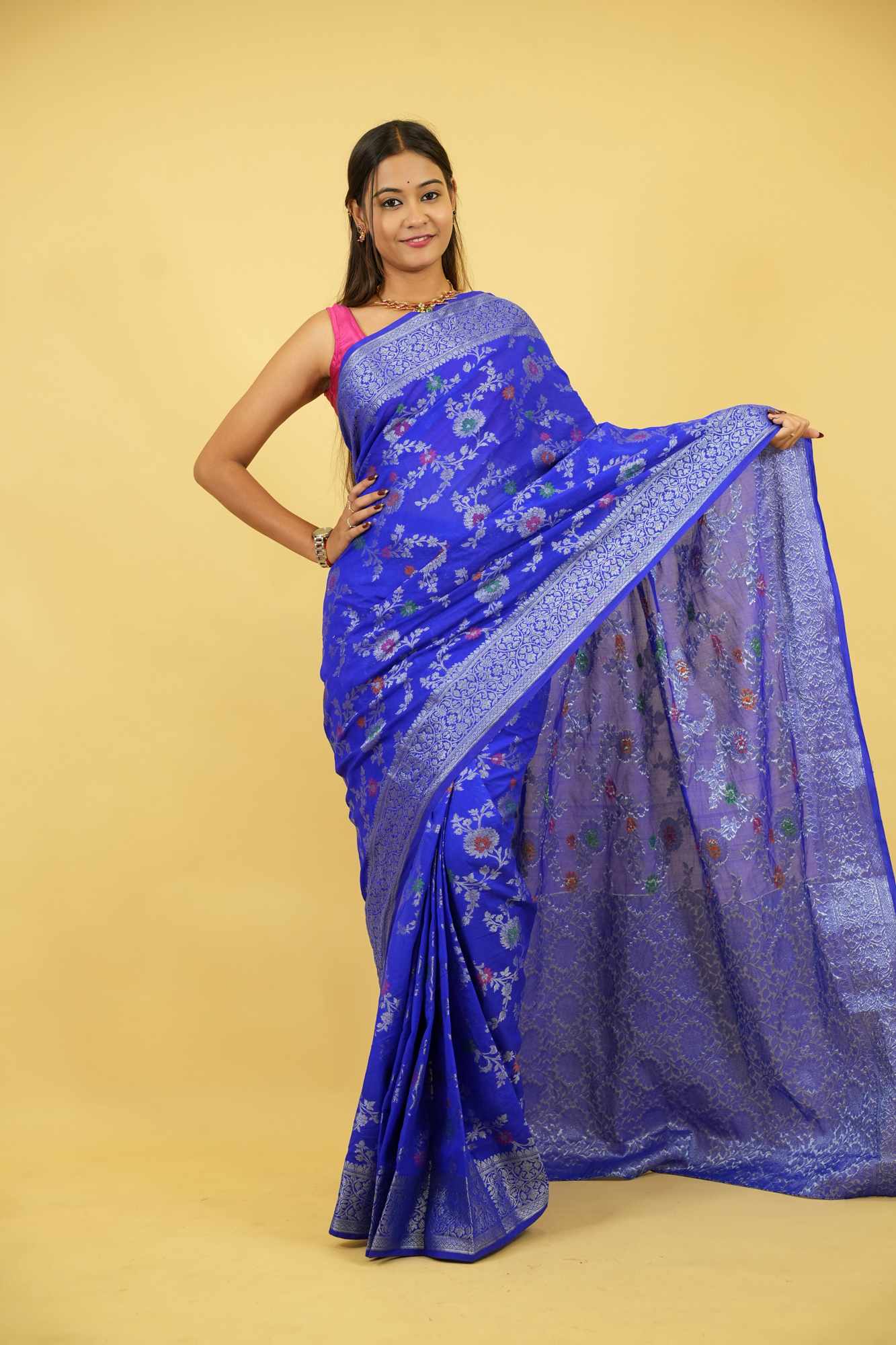 Royal Blue Jaal Embroidery Georgette silk with mina work ready to wear saree