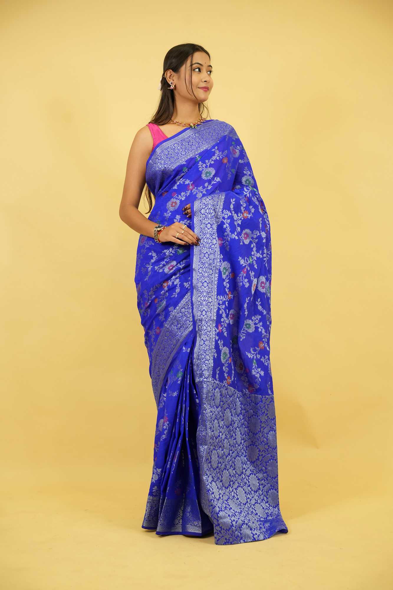 Royal Blue Jaal Embroidery Georgette silk with mina work ready to wear saree