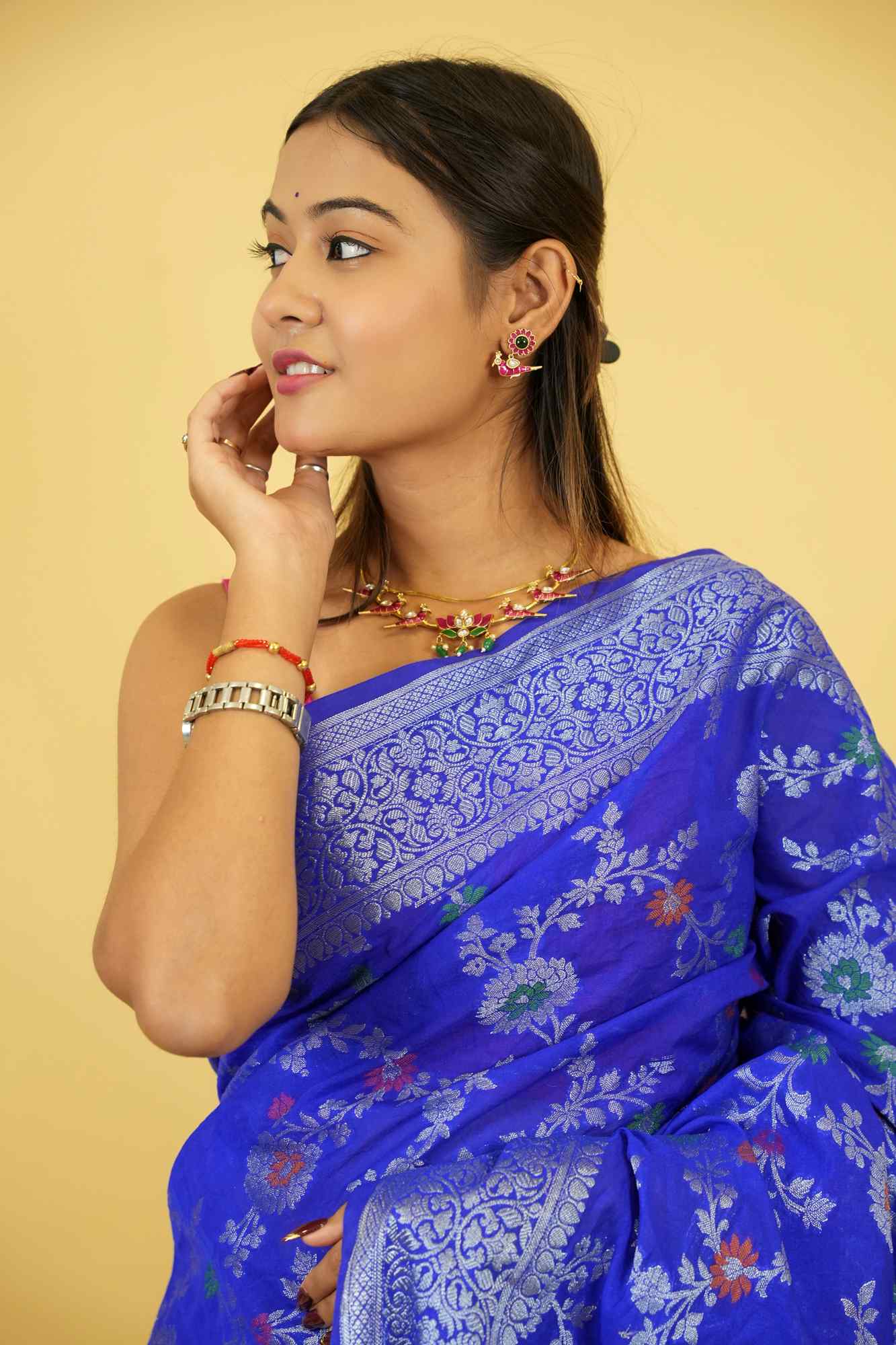 Royal Blue Jaal Embroidery Georgette silk with mina work ready to wear saree