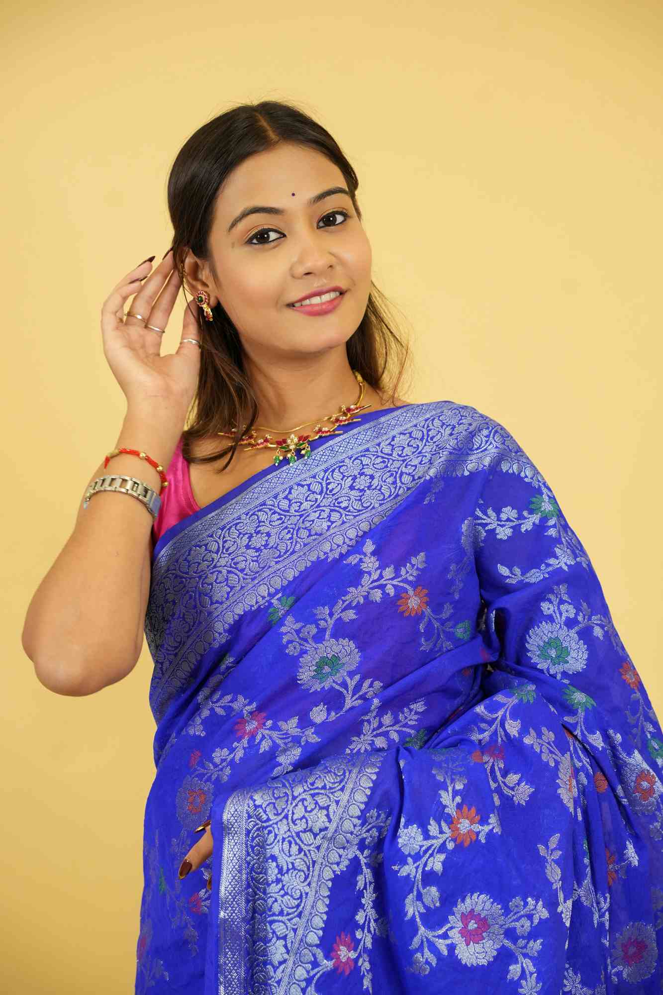 Royal Blue Jaal Embroidery Georgette silk with mina work ready to wear saree