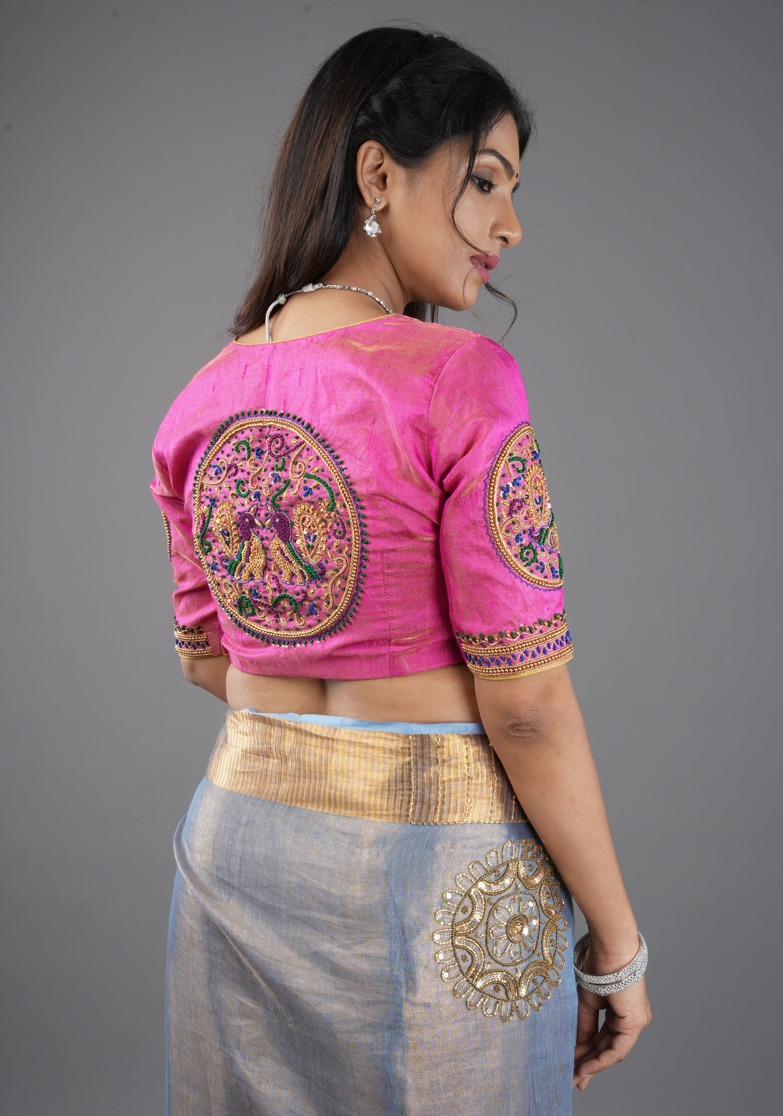 Pink Pure Tissue Raw Silk Blouse With Hand Embroidered Peacock Mandalas, Customizable, Made to Order | Shobitam