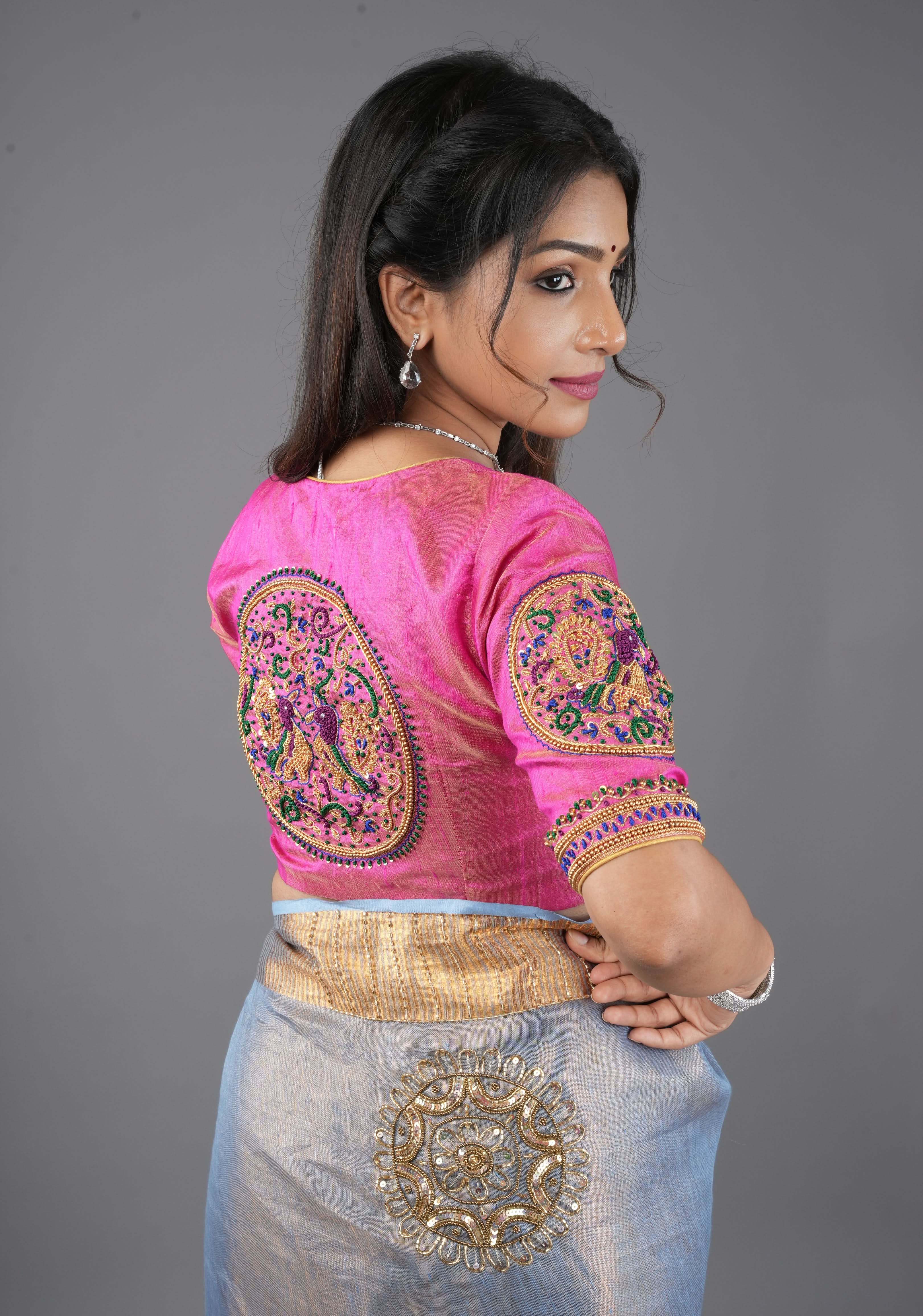 Pink Pure Tissue Raw Silk Blouse With Hand Embroidered Peacock Mandalas, Customizable, Made to Order | Shobitam