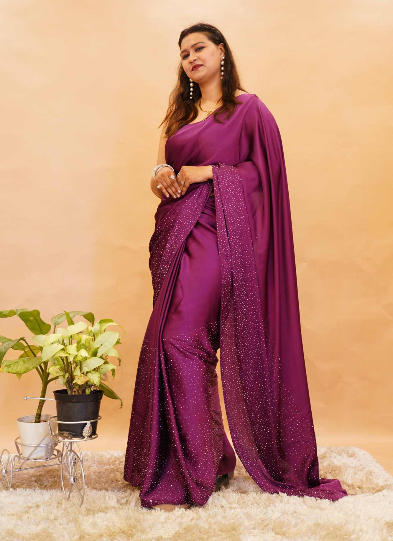 Ready to wear purple Soft Satin With  Stone Embellished  Overall Wrap In One Minute Saree