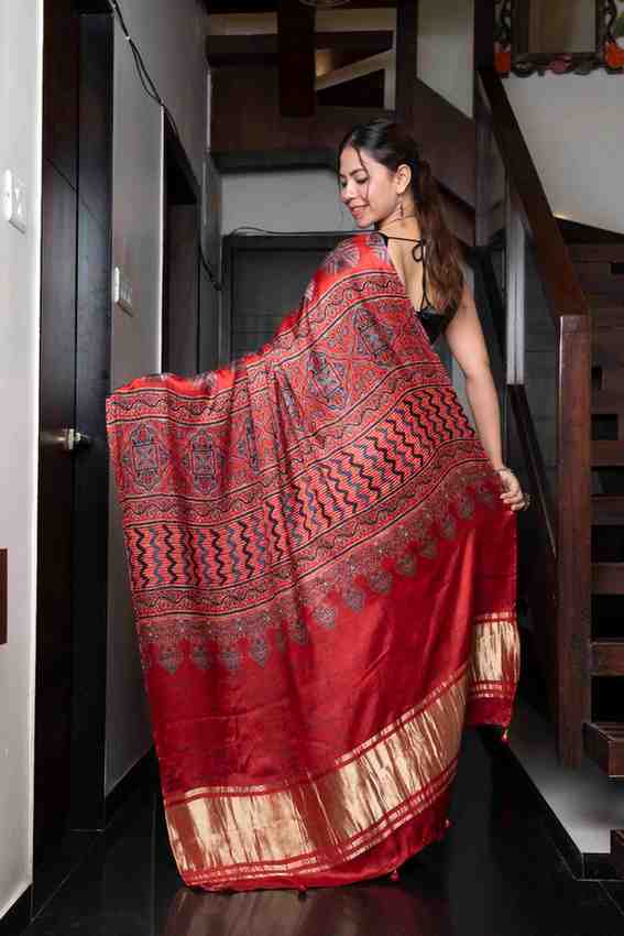 Elegant Red Traditional Ajrak Handblock Soft Modal Silk Ready To Wear Saree