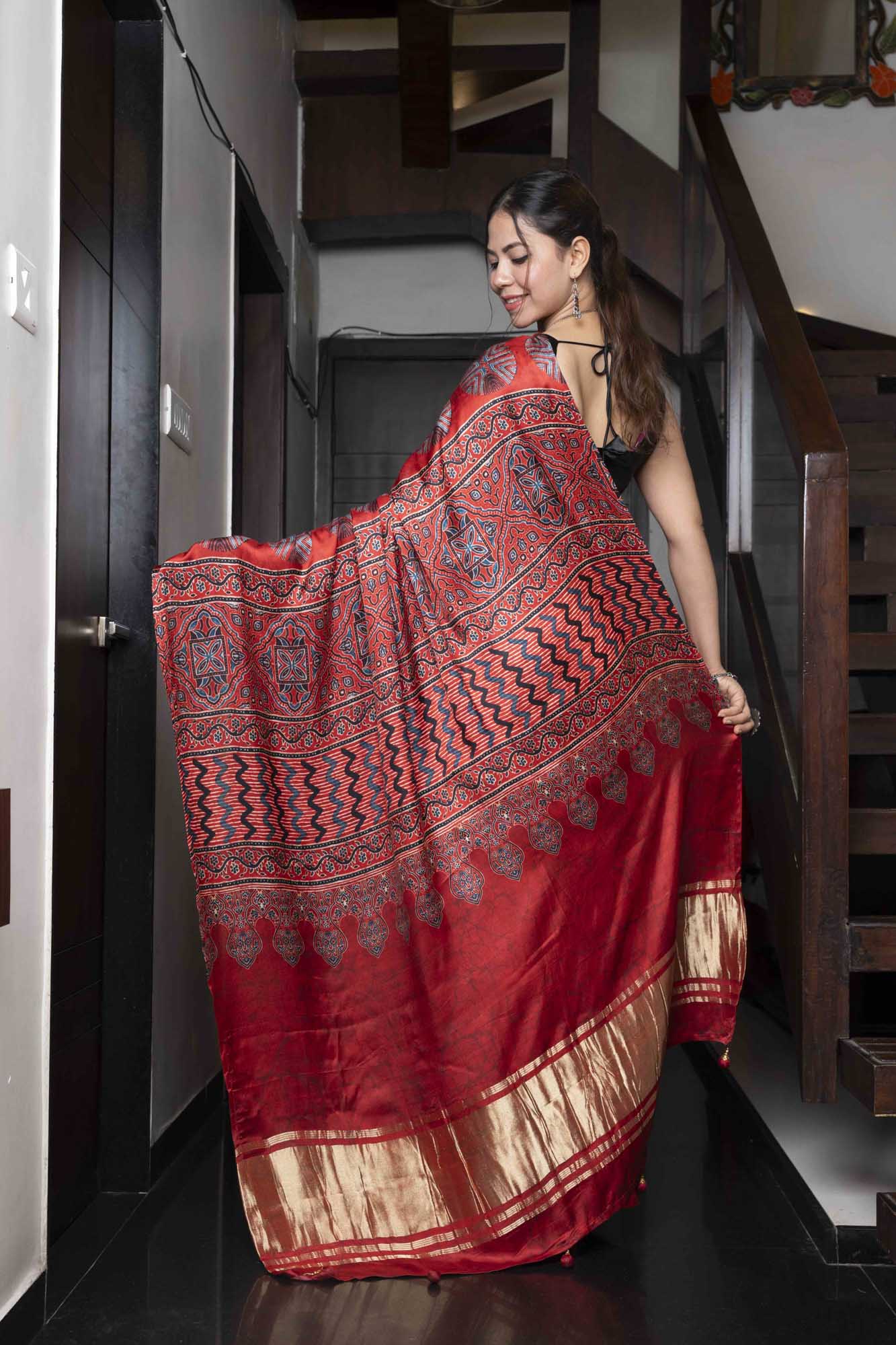 Elegant Red Traditional Ajrak Handblock Soft Modal Silk Ready To Wear Saree