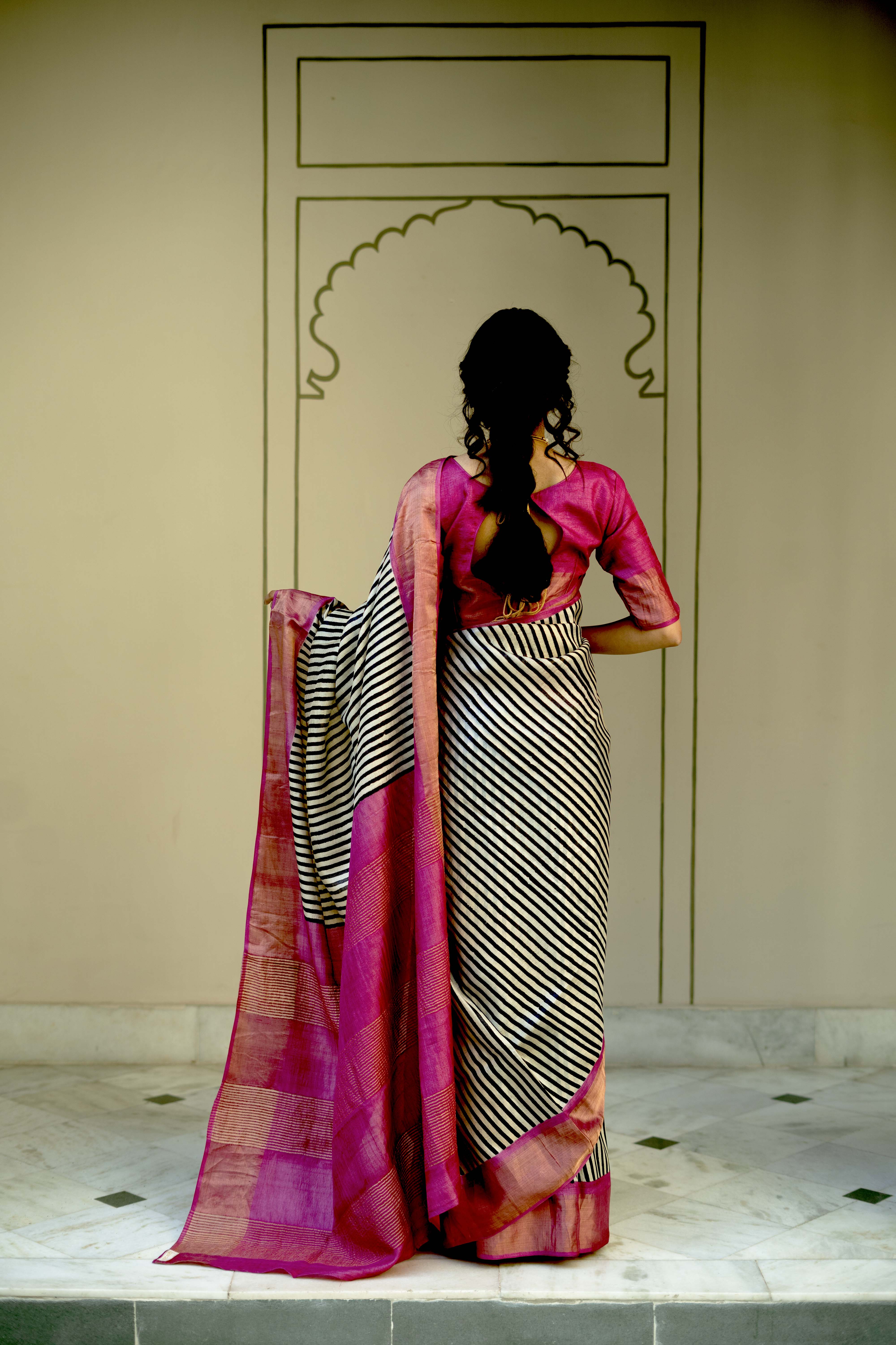 Black-Beige Jari Tussar Silk Saree with Hand block Stripes Pattern and Zari Border | SILK MARK CERTIFIED | Shobitam