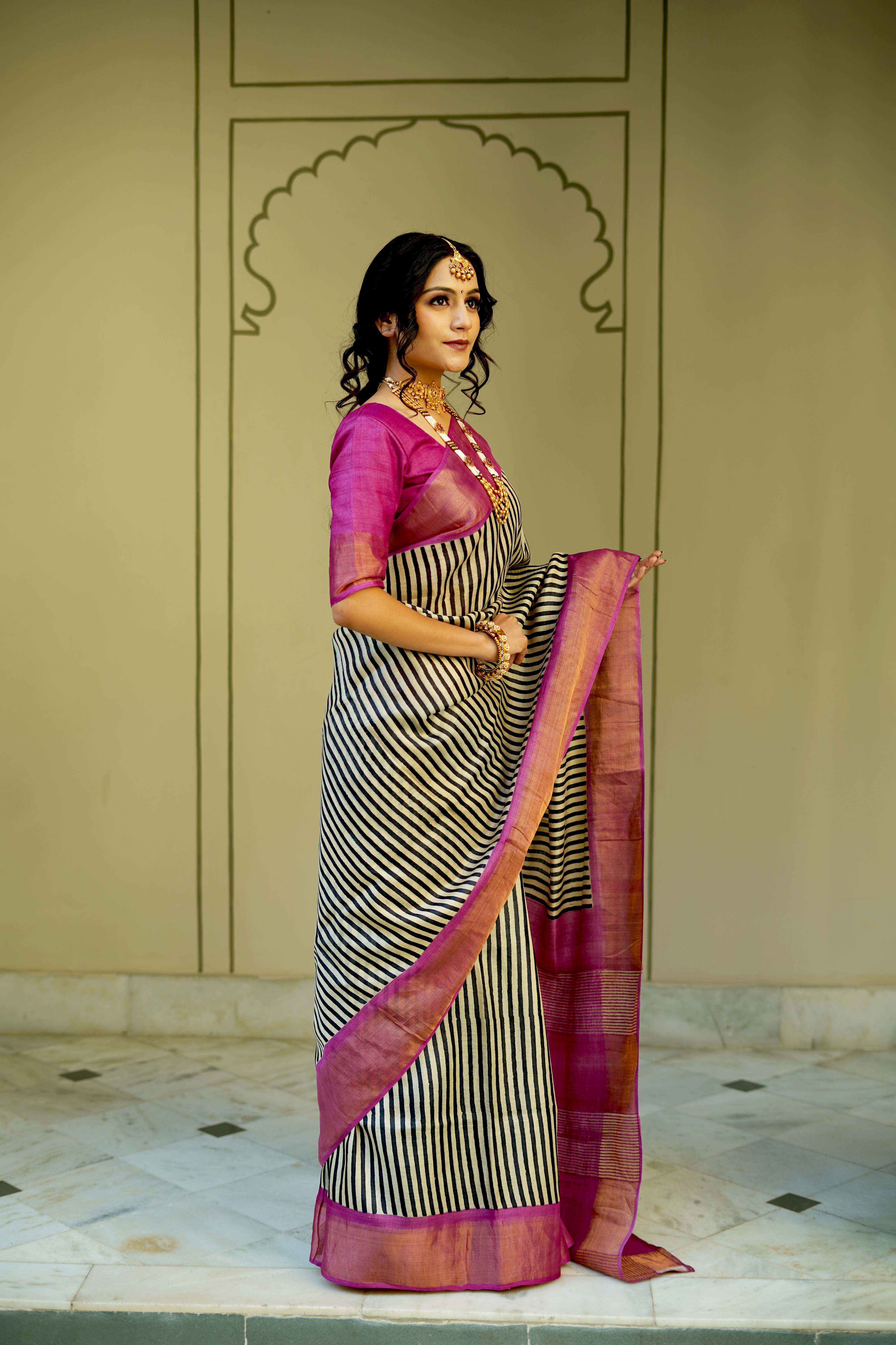 Black-Beige Jari Tussar Silk Saree with Hand block Stripes Pattern and Zari Border | SILK MARK CERTIFIED | Shobitam