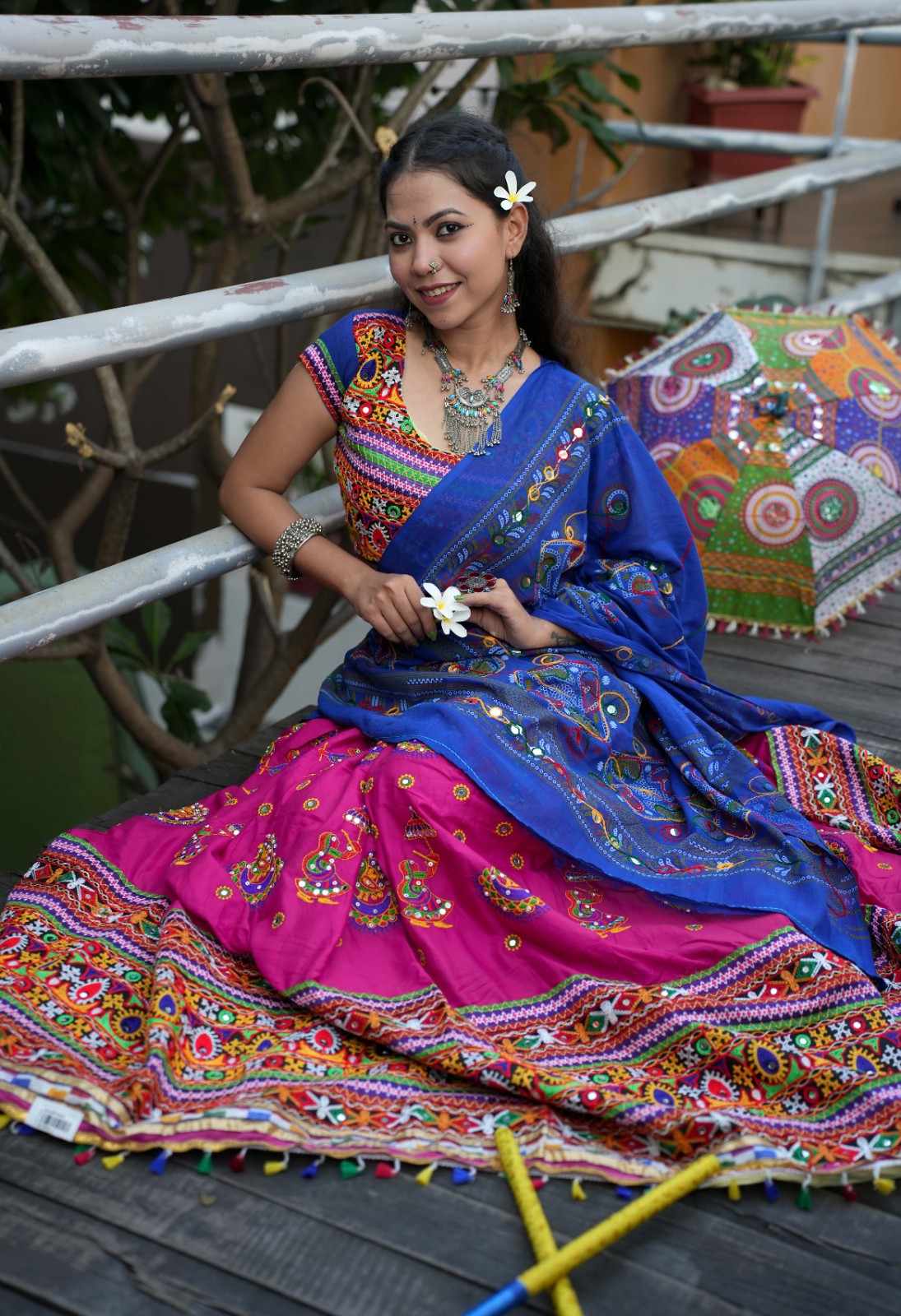 Beautiful Garba style Pink & Blue Navratri Lehnga & Choli With Multicolor Embroidery & Mirror embellished