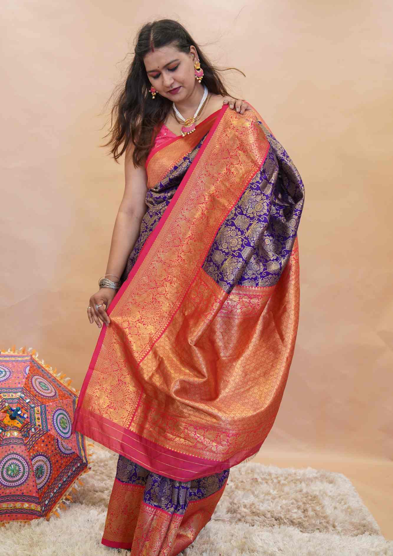 Kanjivaram Pattu Purple Banarasi Brocade  With Red Zari Bordered Paisley  Ready To Wear Saree