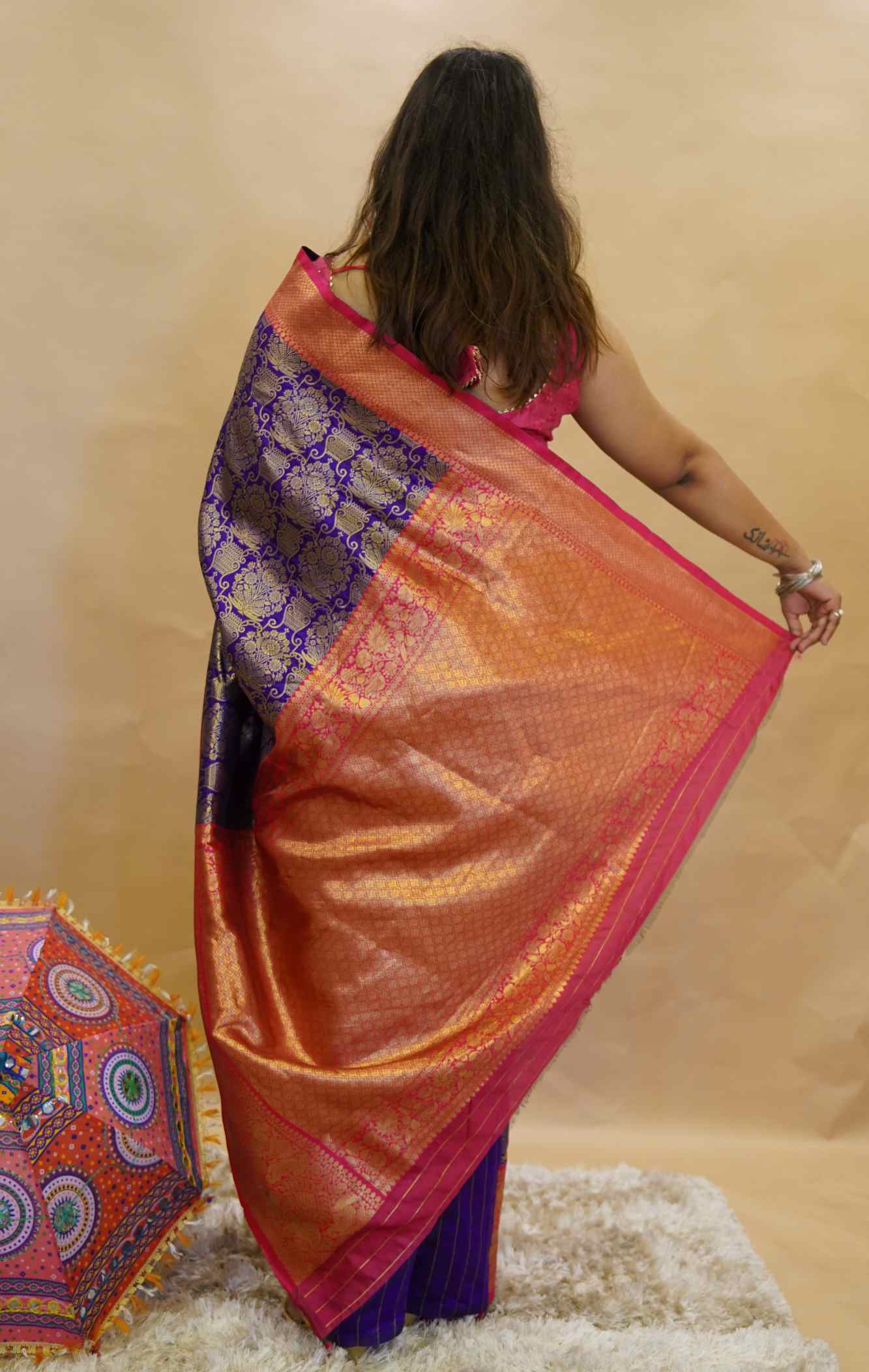 Kanjivaram Pattu Purple Banarasi Brocade  With Red Zari Bordered Paisley  Ready To Wear Saree