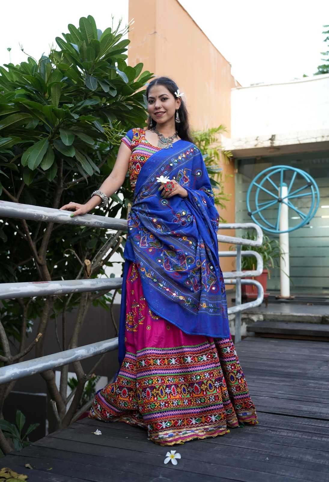 Beautiful Garba style Pink & Blue Navratri Lehnga & Choli With Multicolor Embroidery & Mirror embellished