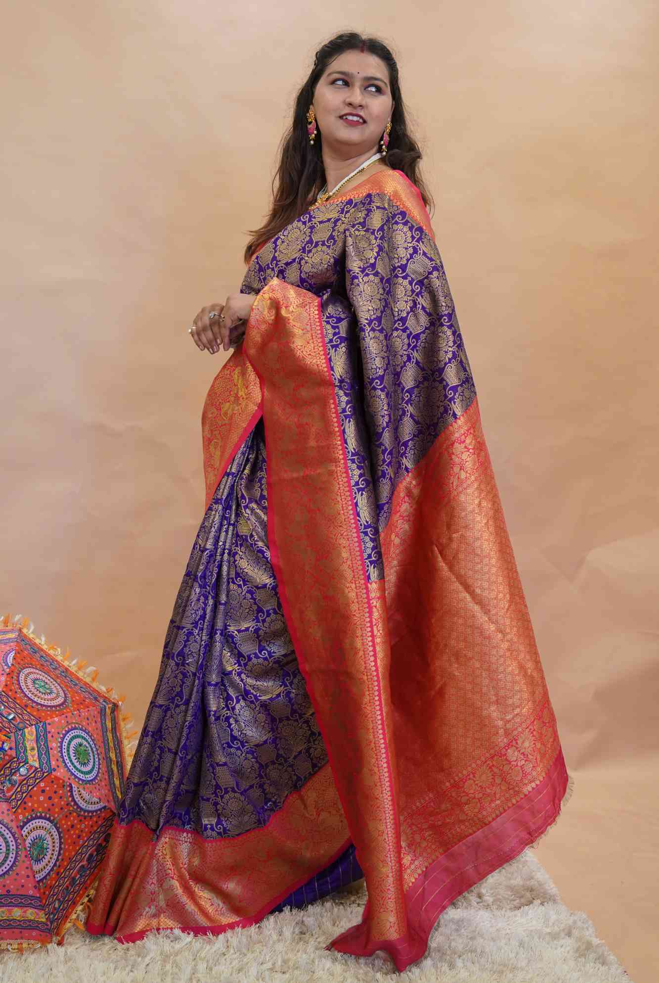 Kanjivaram Pattu Purple Banarasi Brocade  With Red Zari Bordered Paisley  Ready To Wear Saree