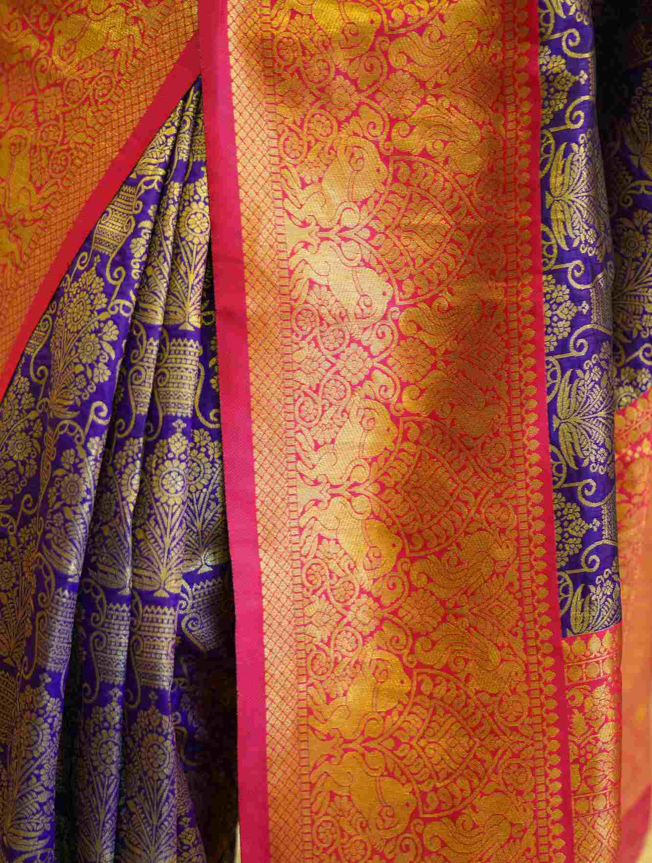 Kanjivaram Pattu Purple Banarasi Brocade  With Red Zari Bordered Paisley  Ready To Wear Saree