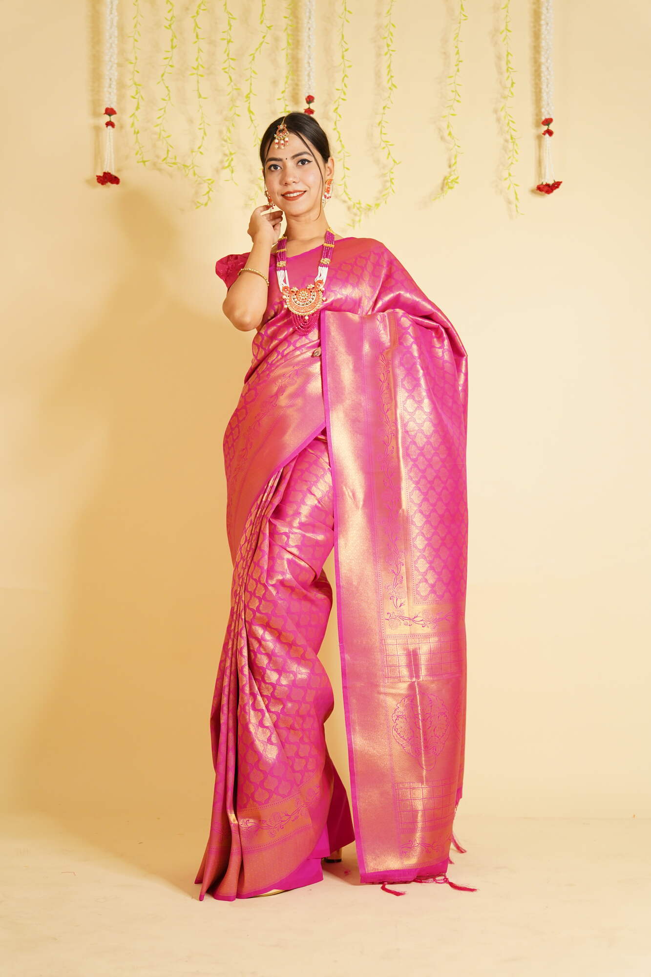 Ready to Wear Pink & Gold-Toned Woven Banarasi Saree Wrap in 1 minute saree With Readymade Blouse - Isadora Life Online Shopping Store