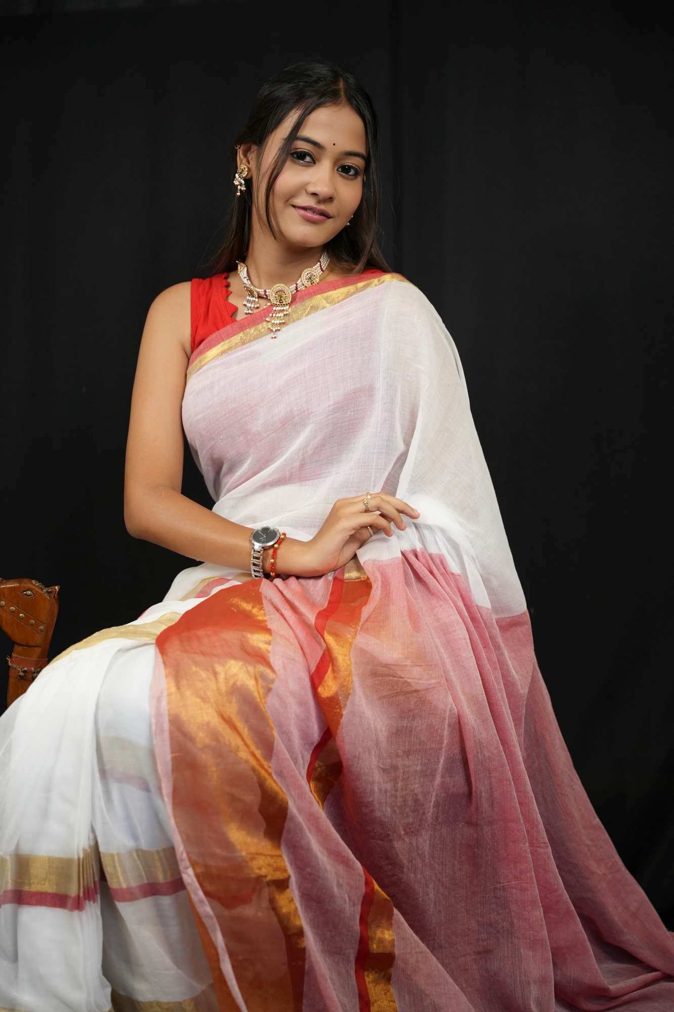 Mulmul Cotton with Opulent Gold Zari Border & Crimson Pallu Ready To wear Saree